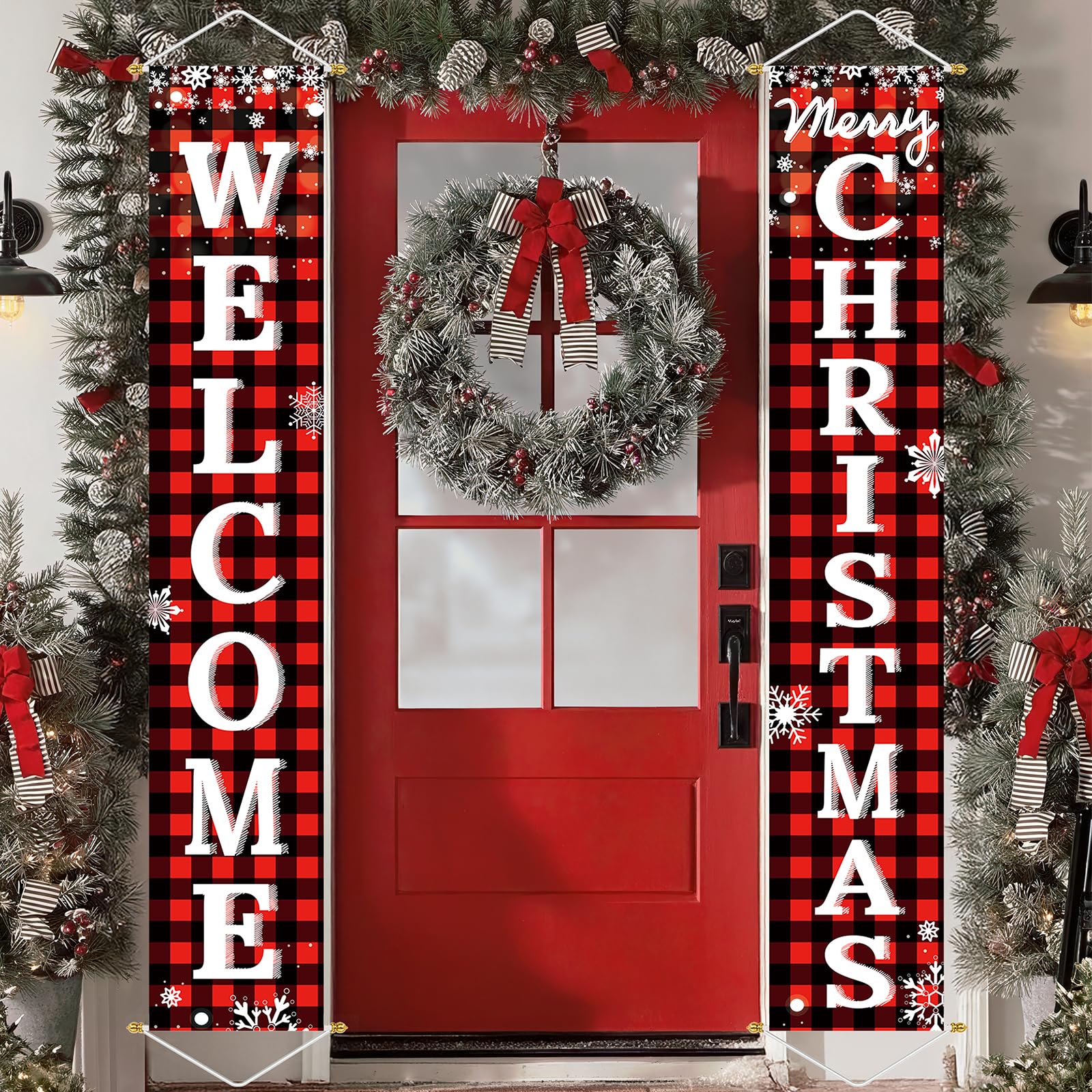 Outdoor Christmas Decorations Yard: Red Black Buffalo Plaid Front Porch Sign Set, Hanging Welcome Merry Christmas Decorations for Home, Indoor Outdoor New Year Xmas Wall Front Door Yard Décor