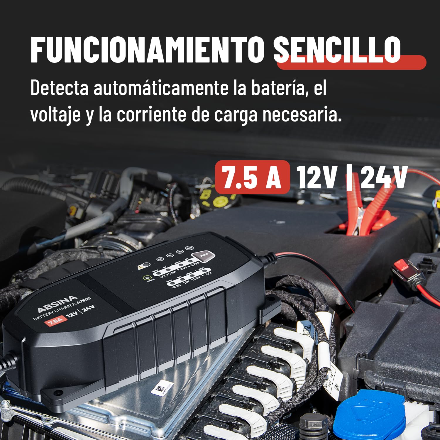 ABSINA Cargador baterias Coche 12V 24V 7,5 A para Baterías de Plomo hasta | 240Ah & 12,8V Litio - Cargador bateria moto para Coche, Autocaravana, Camión y Más - de Batería
