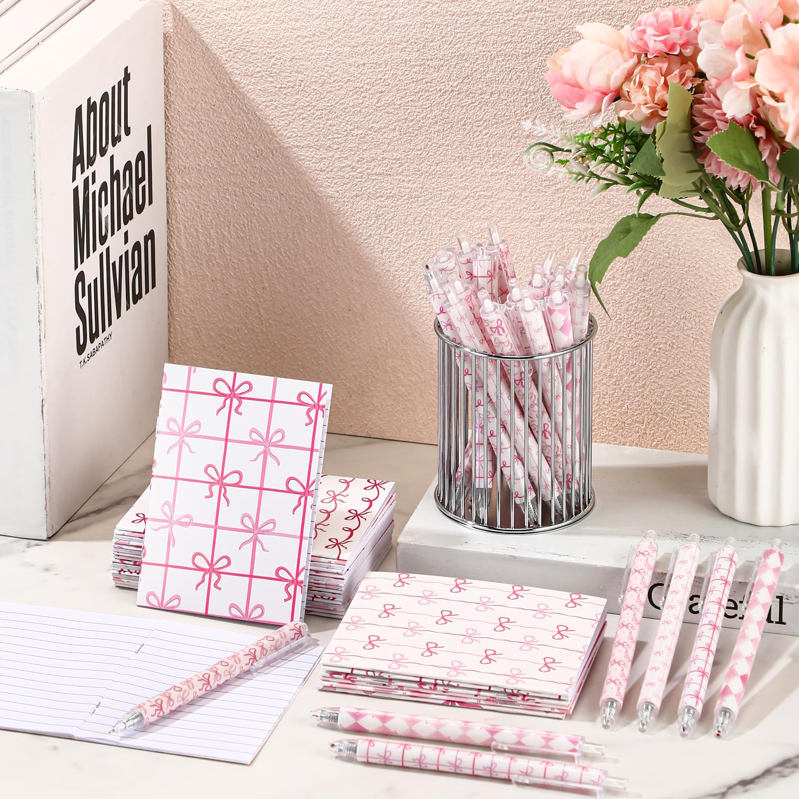 Sinload Lot de 96 blocs-notes de poche avec nœud papillon et stylos à bille, 6 styles de stylos esthétiques, pour la rentrée scolaire, le bureau, cadeau pour fille, étudiante, enseignante