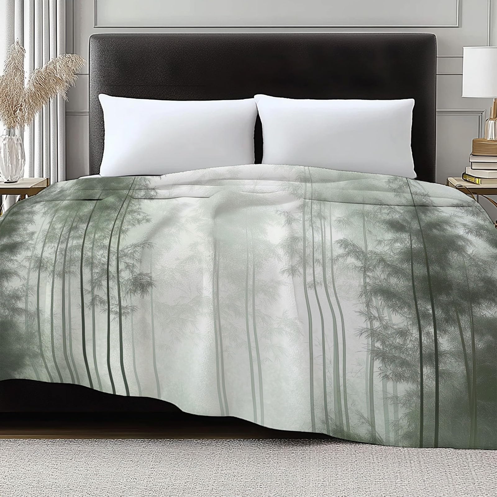 Générique Koc w kratę Bambusowy Las Tusz Malarski 180 x 220 cm Flanelowa mikrofibra Koc polarowy, Jasnozielony Puszysty Ciepły Lekki Koce do Podróżowania, Łóżko lub Sofa