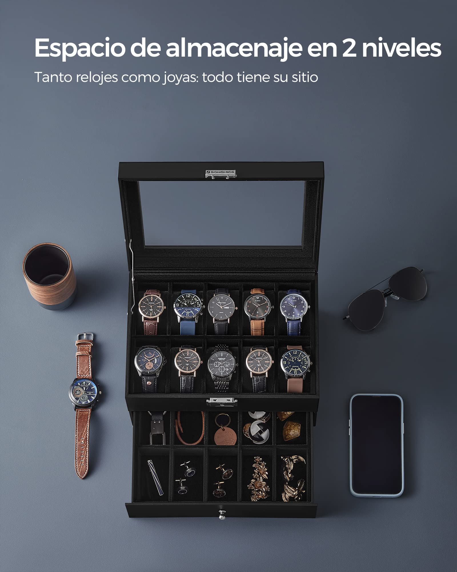 SONGMICS Caja de Relojes 2 Niveles con Tapa de Cristal, Cerradura, Cuero Sintético Negro