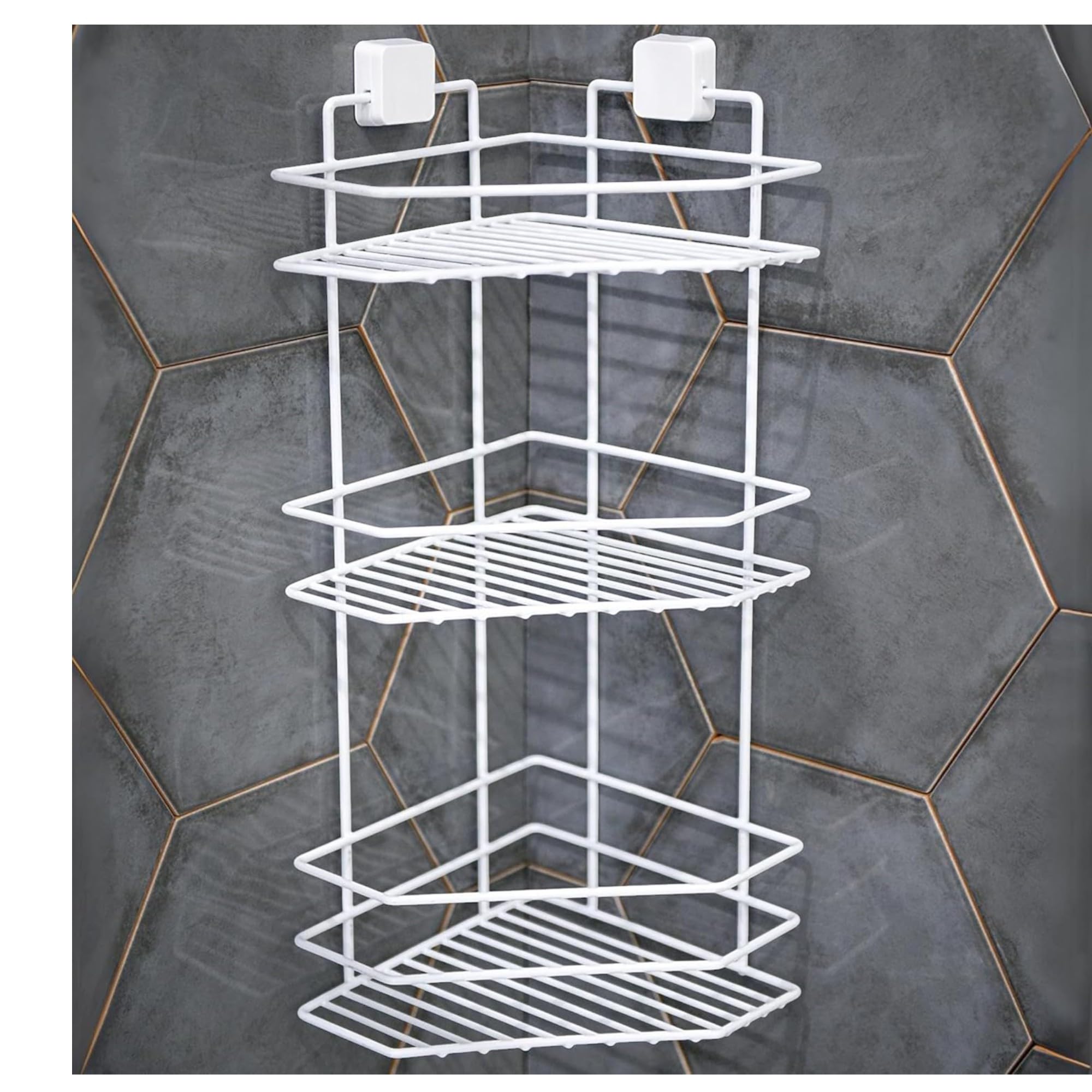 TheOwnas 3-Tier Shower Corner Caddy Stand | Wall-Mounted Bathroom Shelf with Strong Adhesive | No-Drill, Rustproof Black Metal Bahtroom Organiser | Space-Saving Storage for Shower & Bathroom (White)