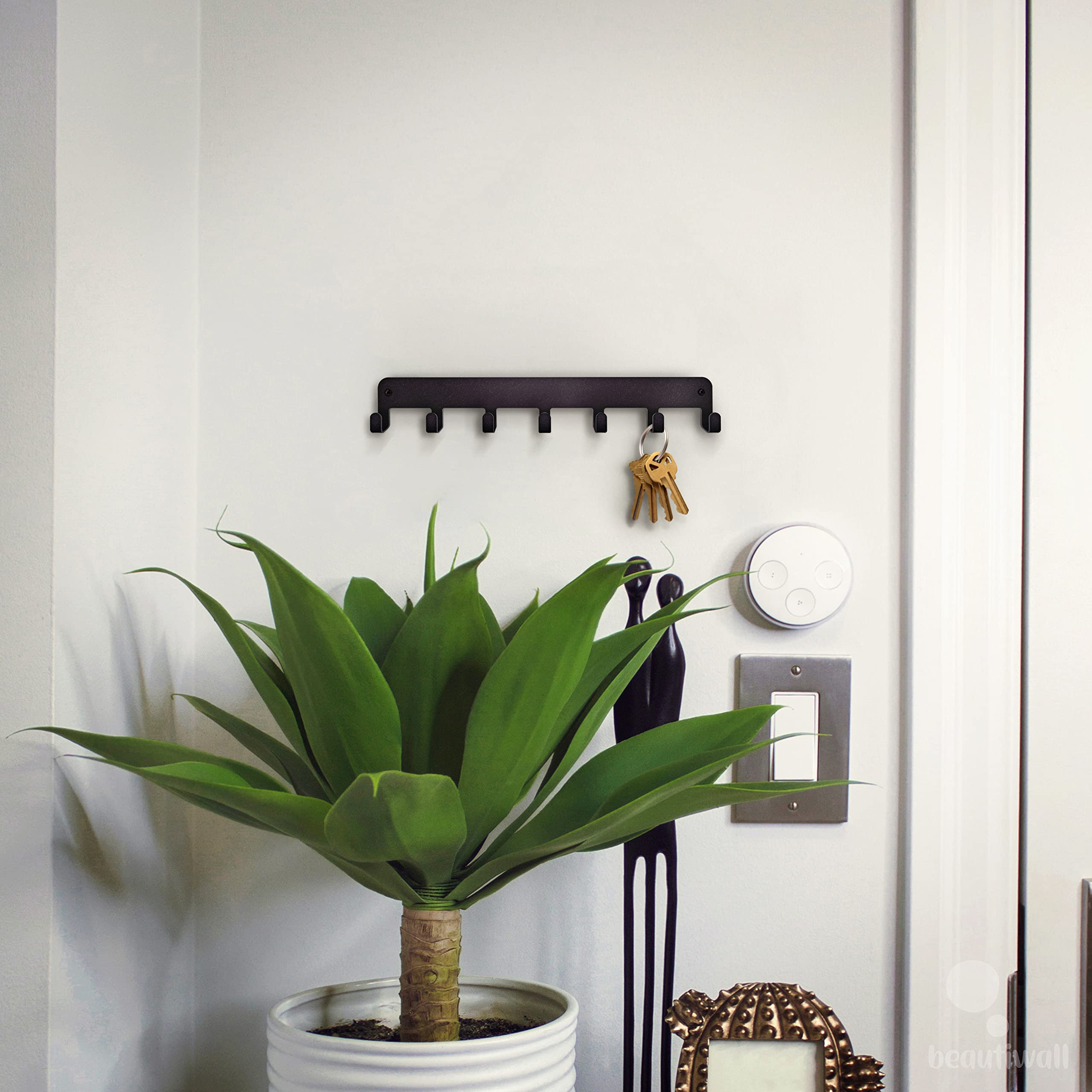 Beautiwall Key Holder Steel Metal Wall Key Hanger with Hooks for car, Apartment, Storage, Keys Black. Adhesive Tape Included.