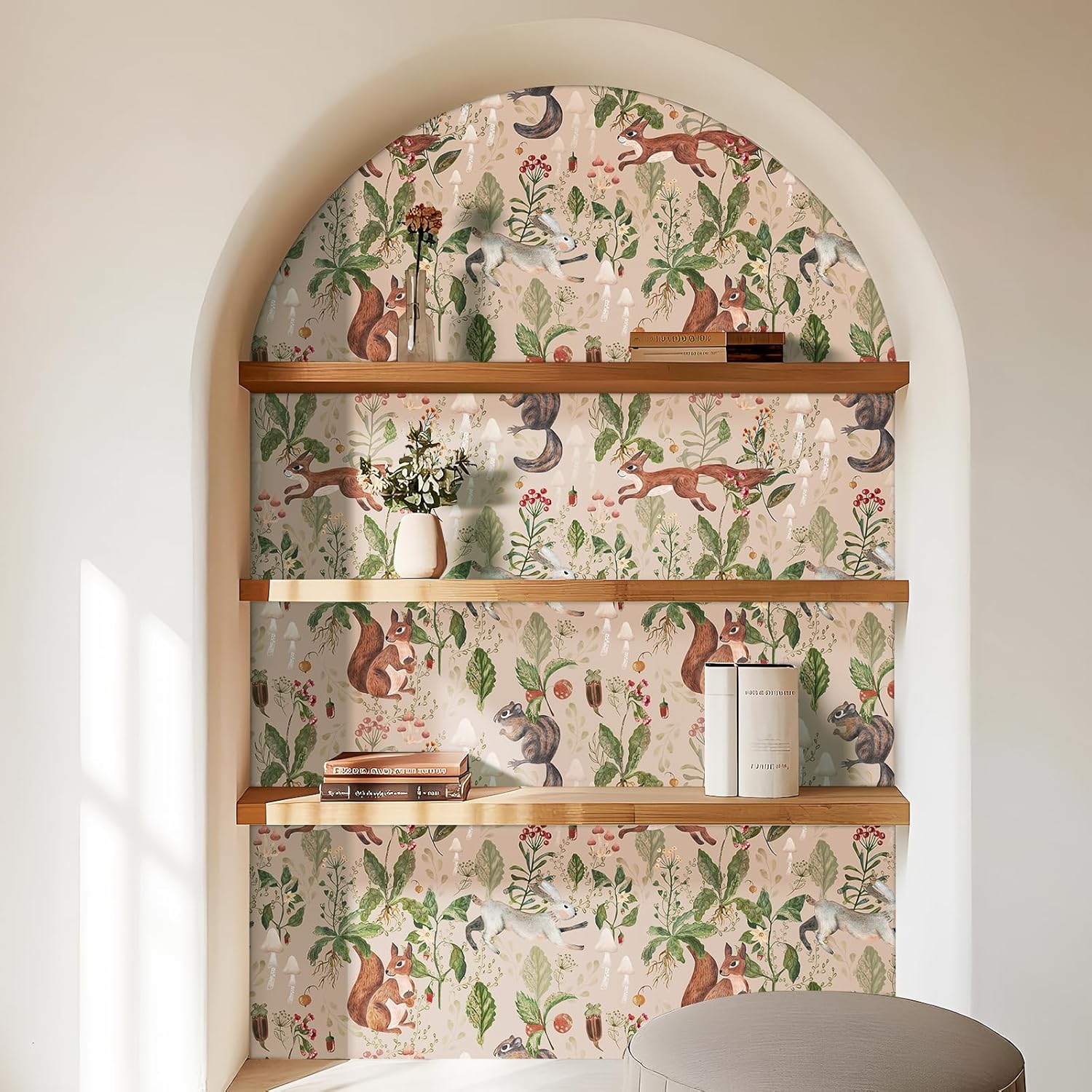Stickyart Fairy Forest Animal Peel and Stick Wallpaper 17.5"x276" Squirrel Rabbit Mushroom Plants Wallpaper for Walls Self Adhesive Beige Contact Paper Rustic Woodland Wall Paper for Nursery Cabinets