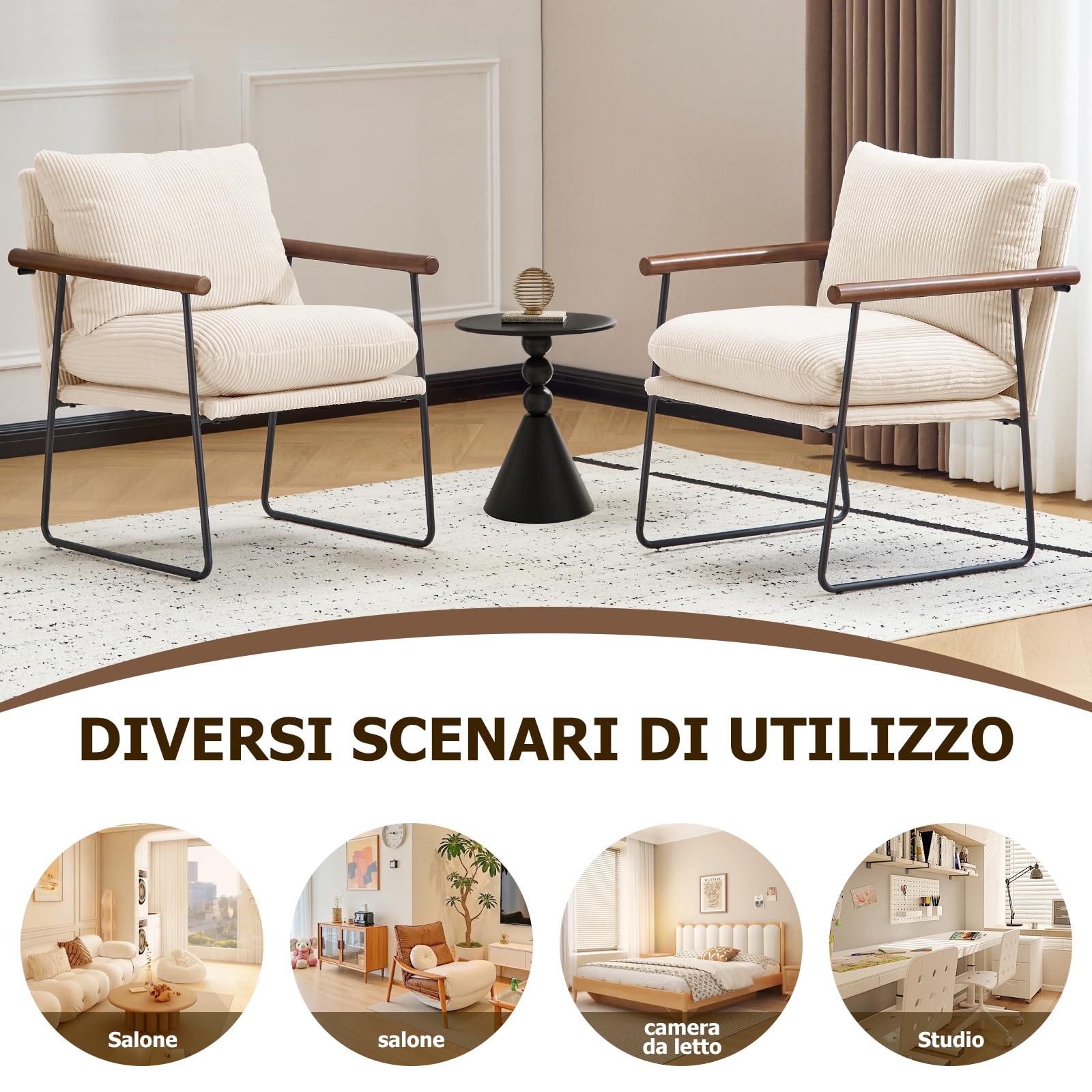Set di 2 Poltrona Salotto Scandinava, Poltrona Camera da Letto con struttura in metallo, Poltroncina Imbottita con Braccioli per Soggiorno Camera da Letto Sale da Pranzo, Beige