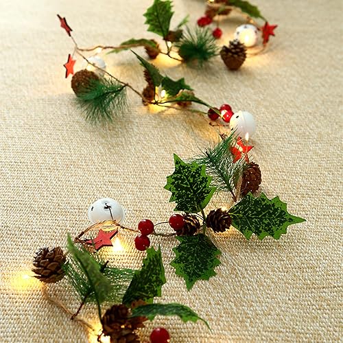 Chims Guirnalda de luces de Navidad, 20 luces LED de 6.5 pies de piña, bayas rojas, cascabel, agujas de pino, funciona con pilas, para vacaciones,