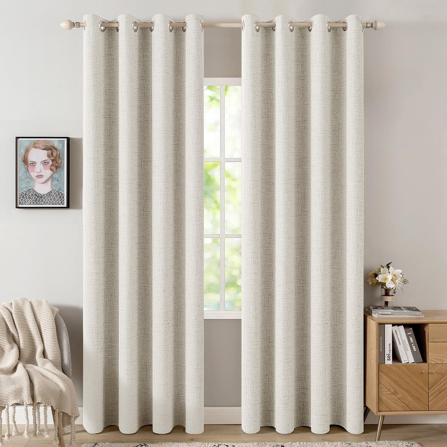 MIULEE 100% Blackout Linen Curtains for Bedroom 52x90 Inches Linen Beige | Room Darkening, Light Blocking, Thermal Insulated, Grommet Top, Linen Textured, Window Curtains for Living Room, 2 Panels