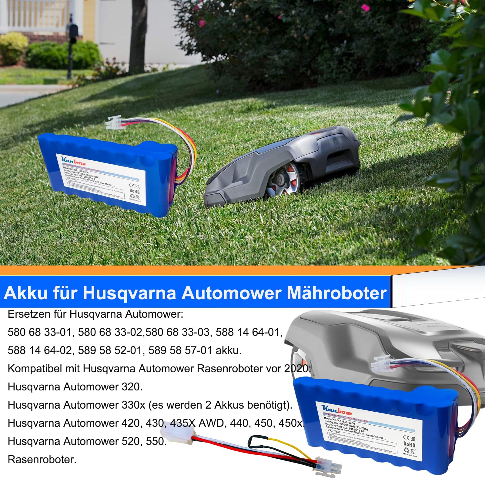 Batteria di ricambio per robot tosaerba Husqvarna Automower 320, 330X, 420, 430, 430X, 430X, 440, 450X, 520, 550, ricambio per Husqvarna Automow batteria 580 68 33-01,580 68 33-02. 18 V/93 6 Wh
