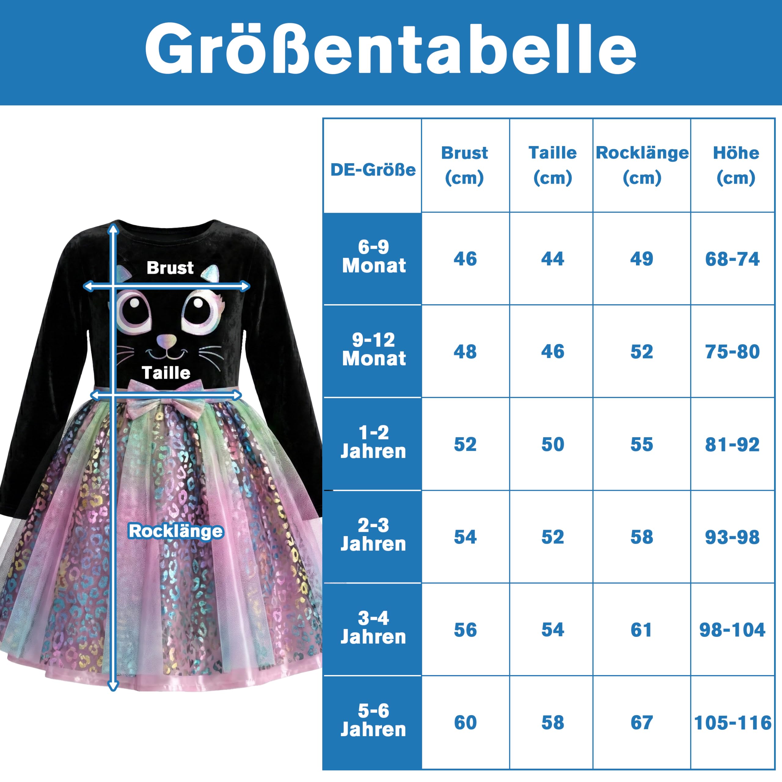 IKALI Baby Mädchen Katzen Kostüm Kleid Süßes Schwarzes Katze Outfit mit Regenbogen Tüllrock Für Karneval Fasching