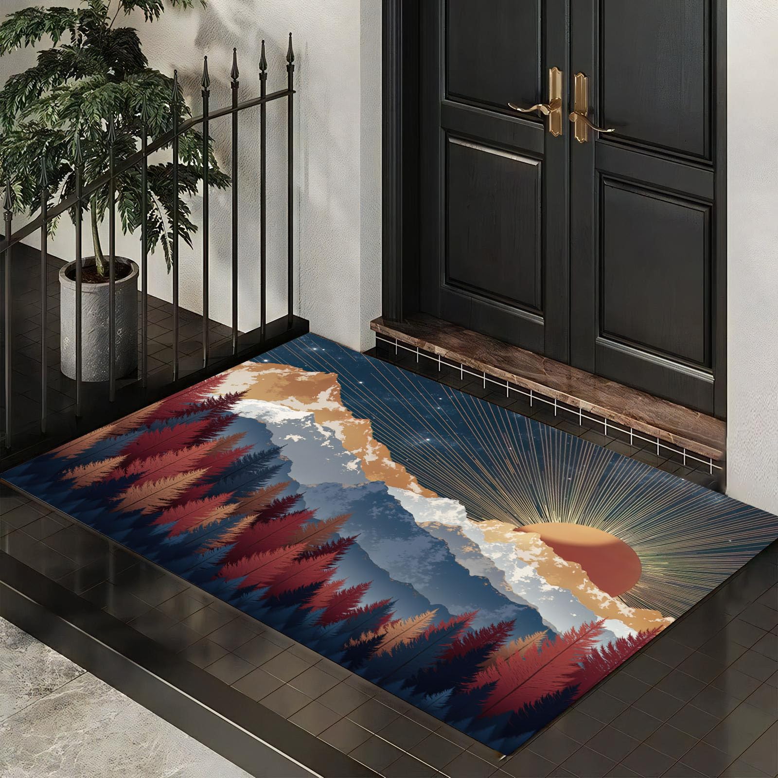 80X120Cm Zerbino Ingresso Interno Antiscivolo Assorbente, Tappeto In Microfibra Sottile Lavabile Con Montagne Dell'Alba Boema Cielo Stellato Lussuoso Per Cucina Bagno Porta E Animali, Blu Scuro