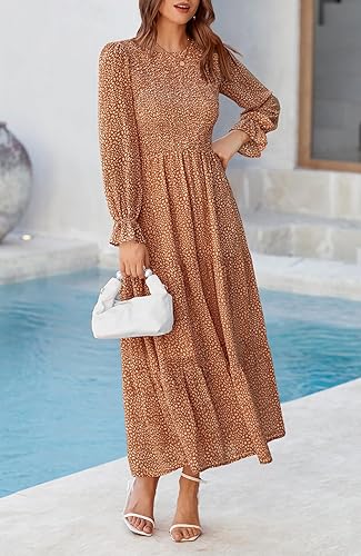 Miniatura 5 de BTFBM Vestidos de mujer casual de manga larga con cuello redondo para otoño, bohemios, de ajuste relajado, florales, fluidos, maxi, vestidos