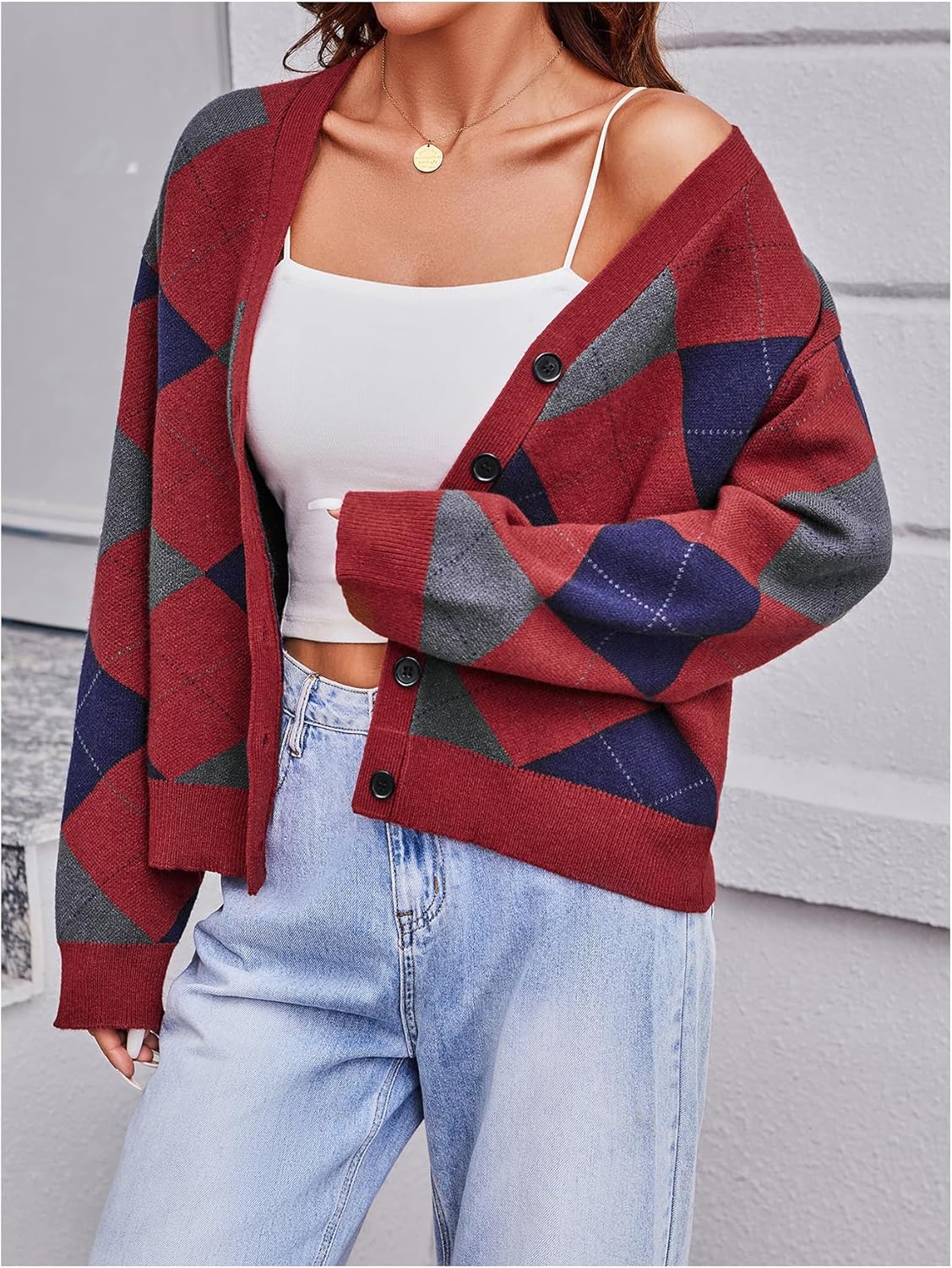 SOLY HUX Women's Argyle Cardigan Sweater Plaid V Neck Button Down Long Sleeve Casual Cardigans - Image 3
