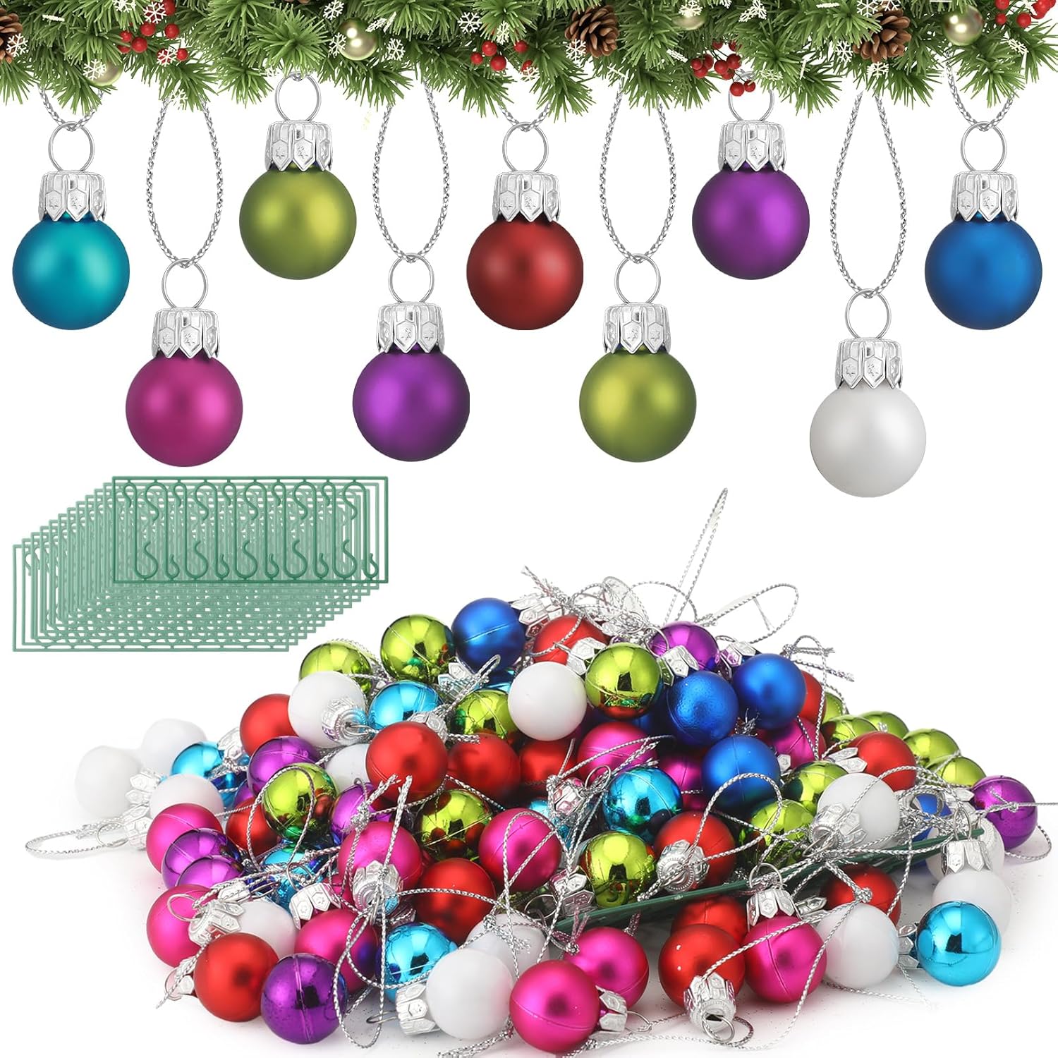 Halloscume 200 Pcs Christmas Mini Ball Ornaments Small Xmas Tree Decoration Ornaments with 200 Pcs Hooks for Easy Hanging Christmas Ornaments for Holiday Party Outdoor Indoor Decor Dia 0.79 Inch