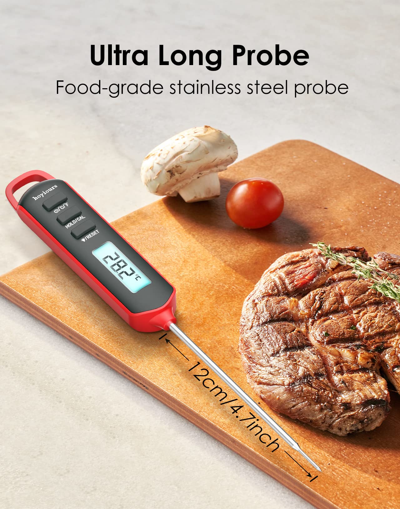 Thermomètre à viande à lecture instantanée - Thermomètre numérique pour aliments et viandes avec sonde de 11,9 cm de long