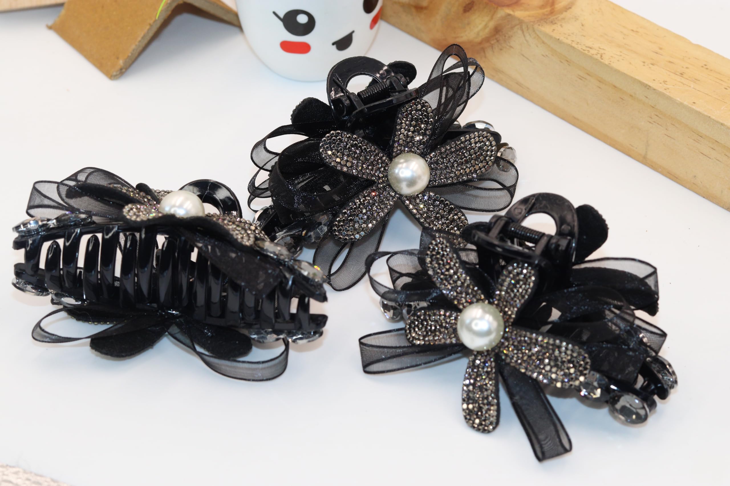 ZoviA Claw Clip for Women Girls Black Flower With Rhinestone