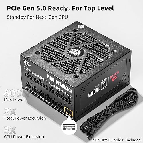 Miniatura 27 de Redragon Fuente de alimentación RGPS-850W 80+ Gold de 850 vatios con ATX 3.1 y PCIe 5.1 totalmente modular, cable de 12VHPWR incluido, condensadores