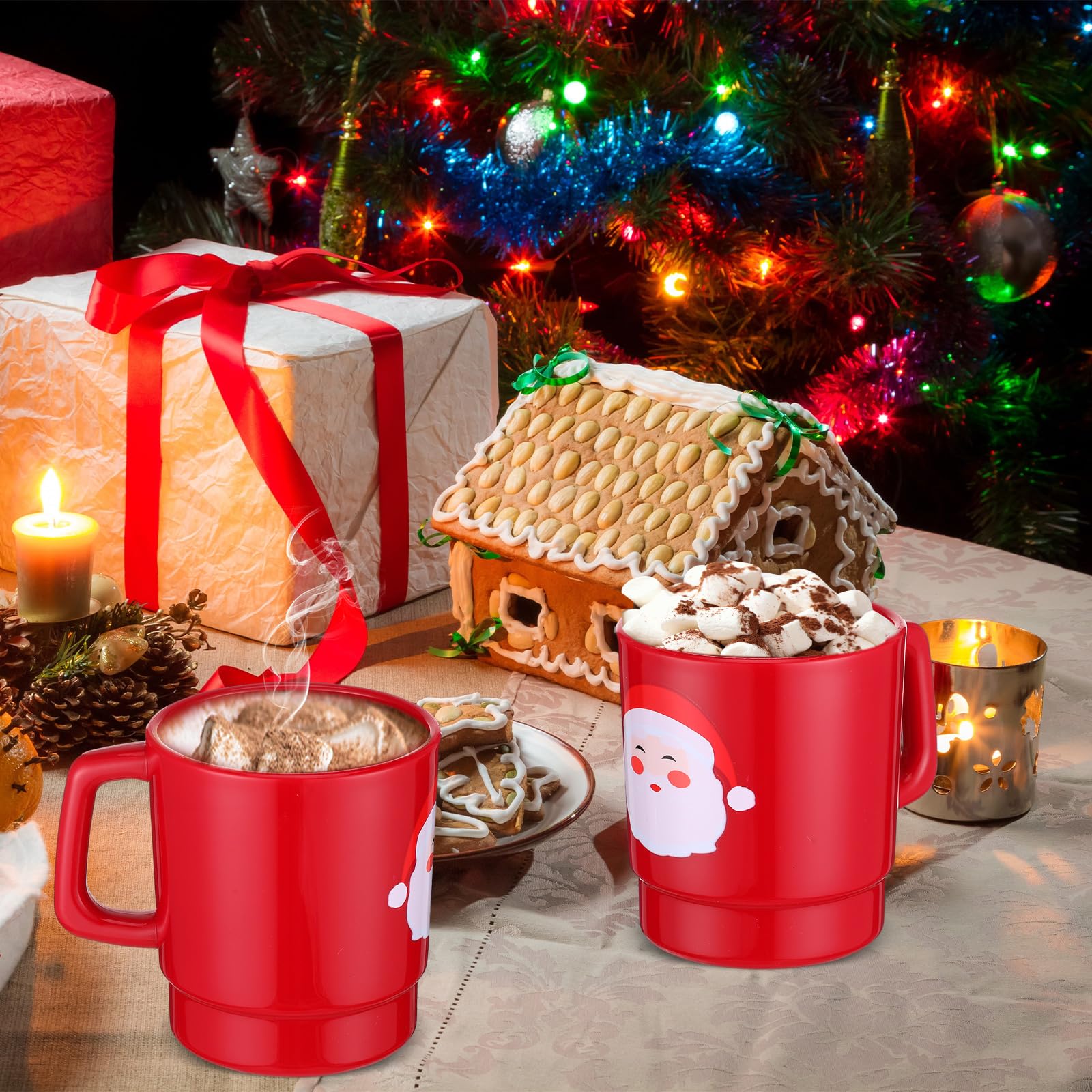 Sliner Lot de 24 tasses à café en plastique pour Noël, motif visage de Père Noël, 325 ml, cadeaux saisonniers pour Noël, décoration de fête, chocolat chaud