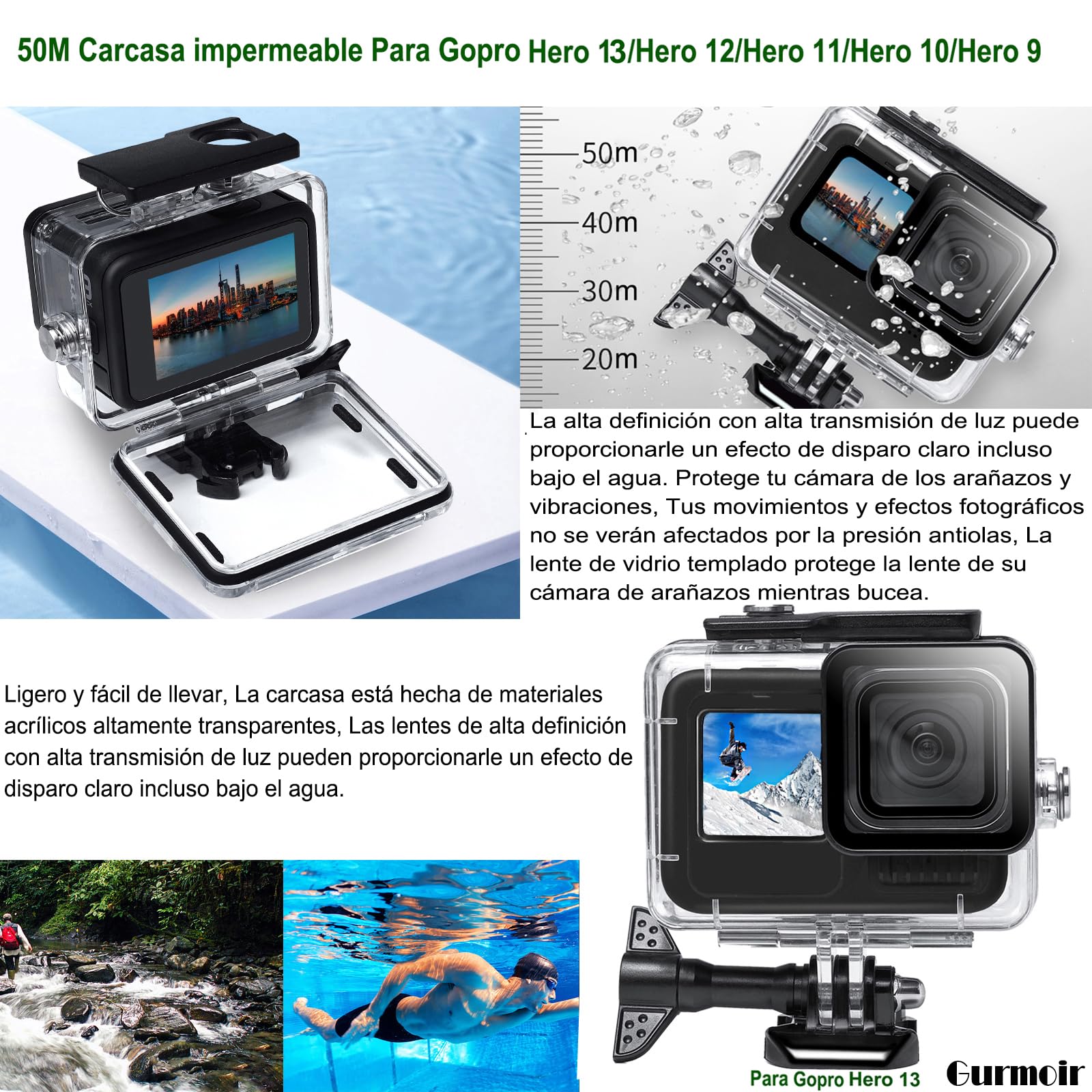 Kit de Accesorios para GoPro Hero 13/12 /11/10 /9 Black, con Funda Impermeable Compatible con la Cámara Go Pro 13 12 11 10 9(PT10)