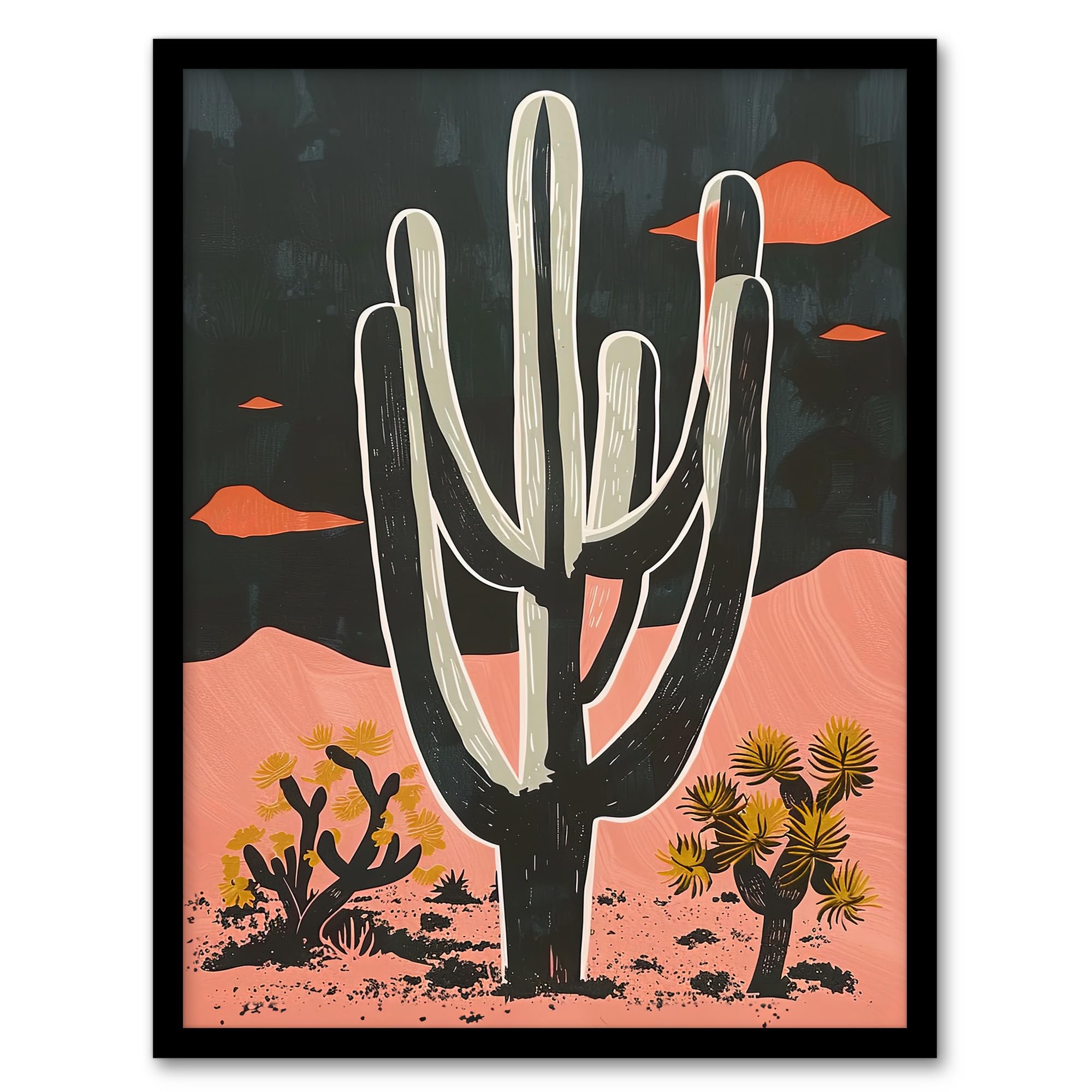 Artery8 Saguaro Cactus Pink Grey Desert Landscape For Living Room Artwork Framed Wall Art Print A4
