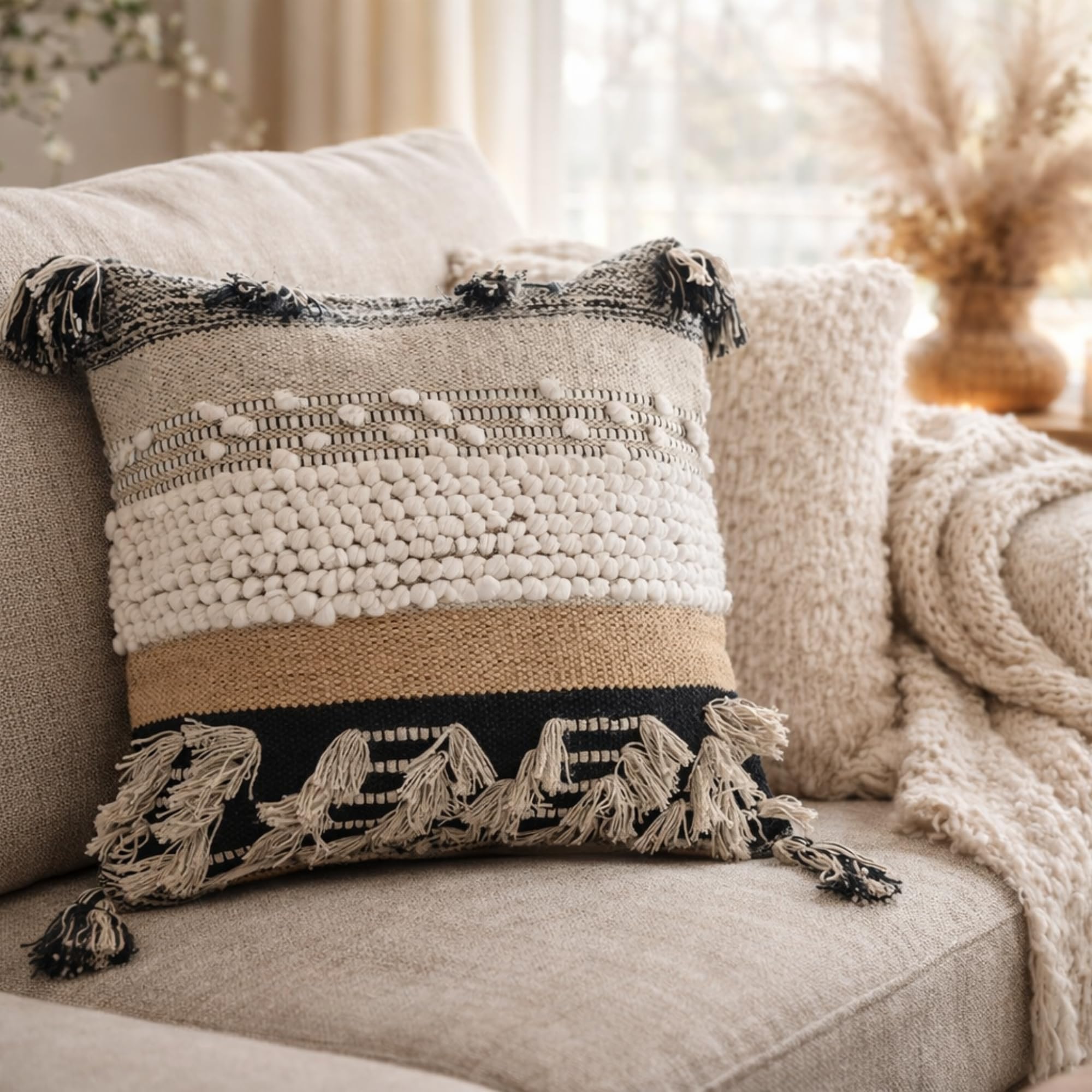 COZYDEKO Decorative Boho Pillow Cover, 18” x 18” Square, Soft Moroccan Rustic Throw with Tufted Accents, Plush Handwoven Cotton, Neutral Farmhouse Home Decor (Black)