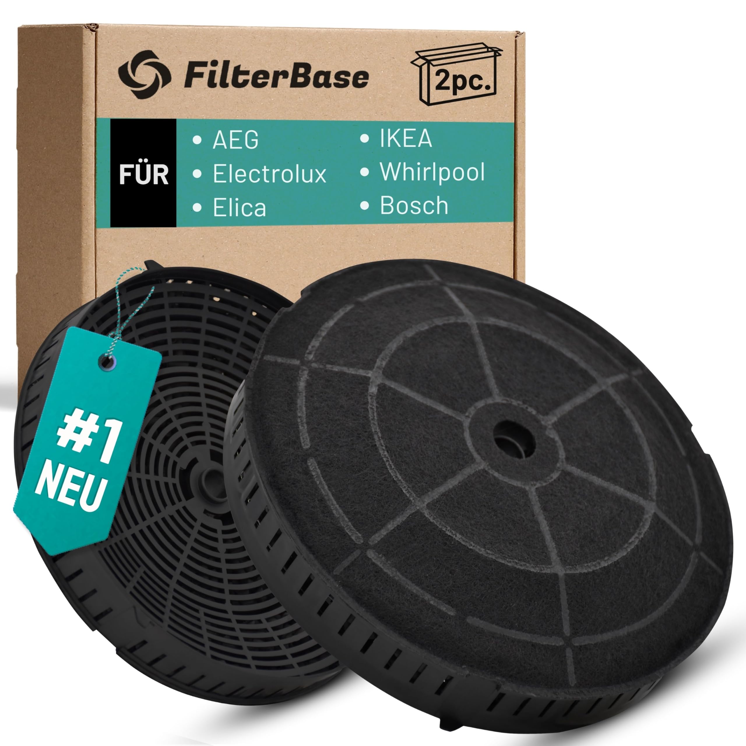 FilterBase® Aktivkohlefilter 2 Stück für AEG Electrolux 4055171138 4055217501 | Elica CFC0038668 Typ 57 CFC0140343 | Ikea NYTTIG FIL 440 | Whirlpool 48400008824 | Bosch 12020221 | Siemens 10005582
