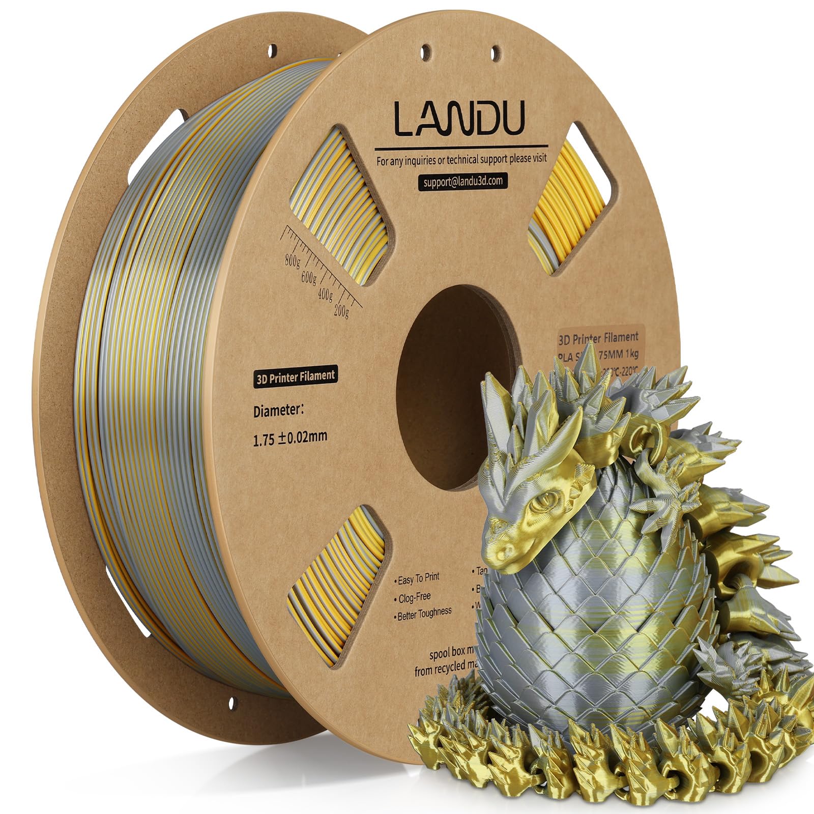 LANDU Silk Dual Color PLA Filament 1.75mm 1KG, 3D Printer Filament Dimensional Accuracy +/- 0.02mm, Coextrusion Filament PLA Shiny Filament Fits for Most FFF 3D Printers,1KG Spool,Gold Silver