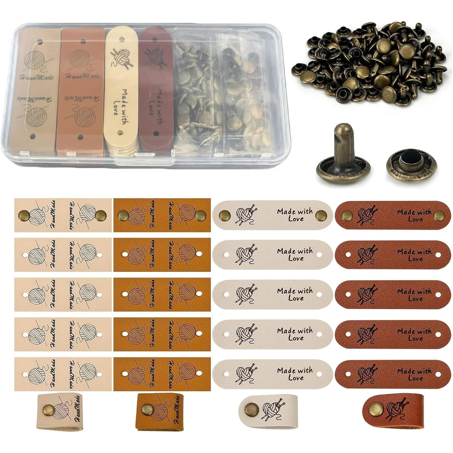 Tabanzhe 20 Pcs Handmade PU Leather Labels Tags with 40 Rivets,Leather Tags for Handmade Items,Crochet Sewing Knitting Labels,Personalised Made with Love Tag Set for DIY Crafts Hats Bags Clothing