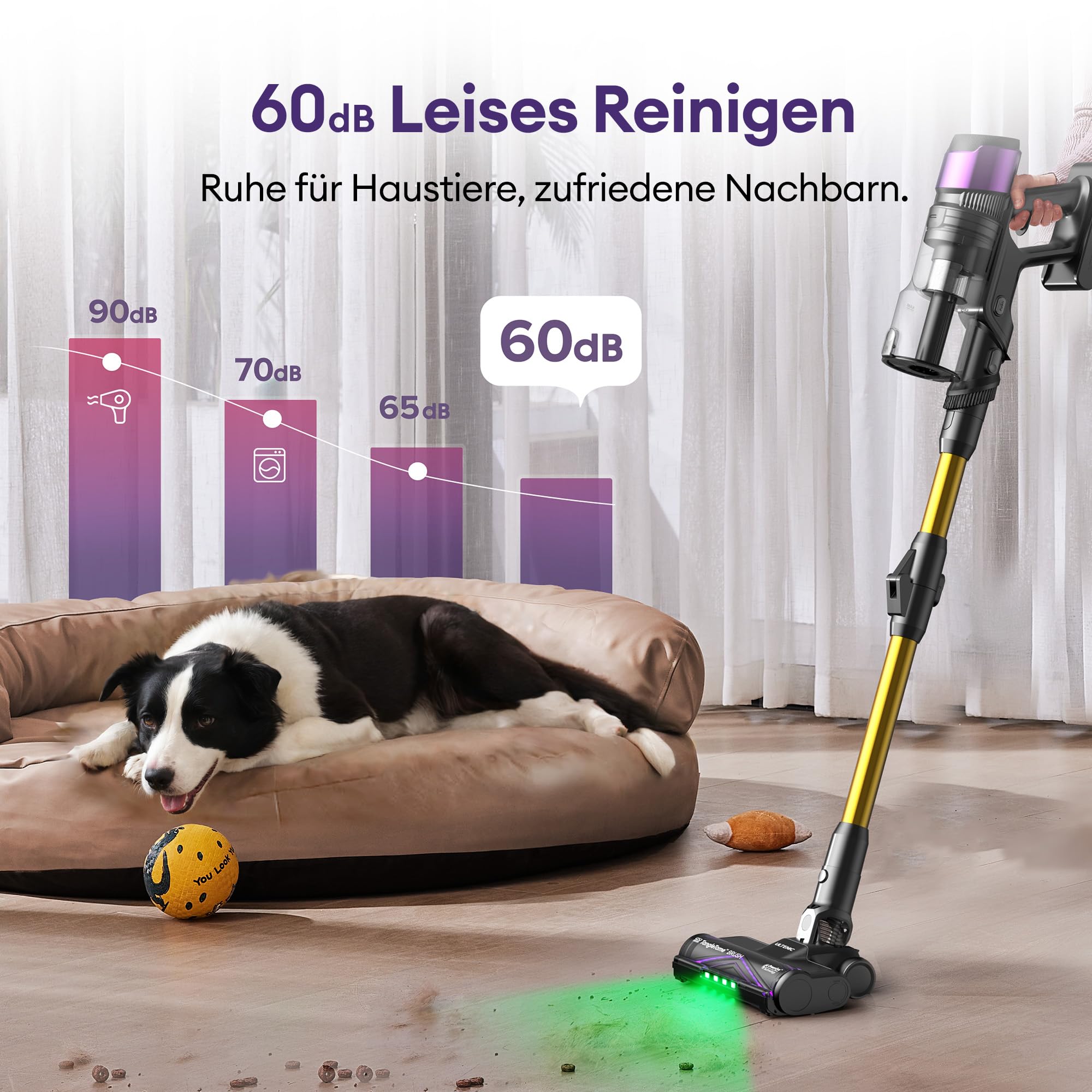 Ultenic Akku Staubsauger,55KPA/600W/60Mins Staubsauger Kabellos mit 180° klappbarem Rohr, 1,5L Großer Staubbecher, Anti-Tangle-Bürste, GreenEye-Technologie,Licht für Hartböden Teppiche Tierhaare