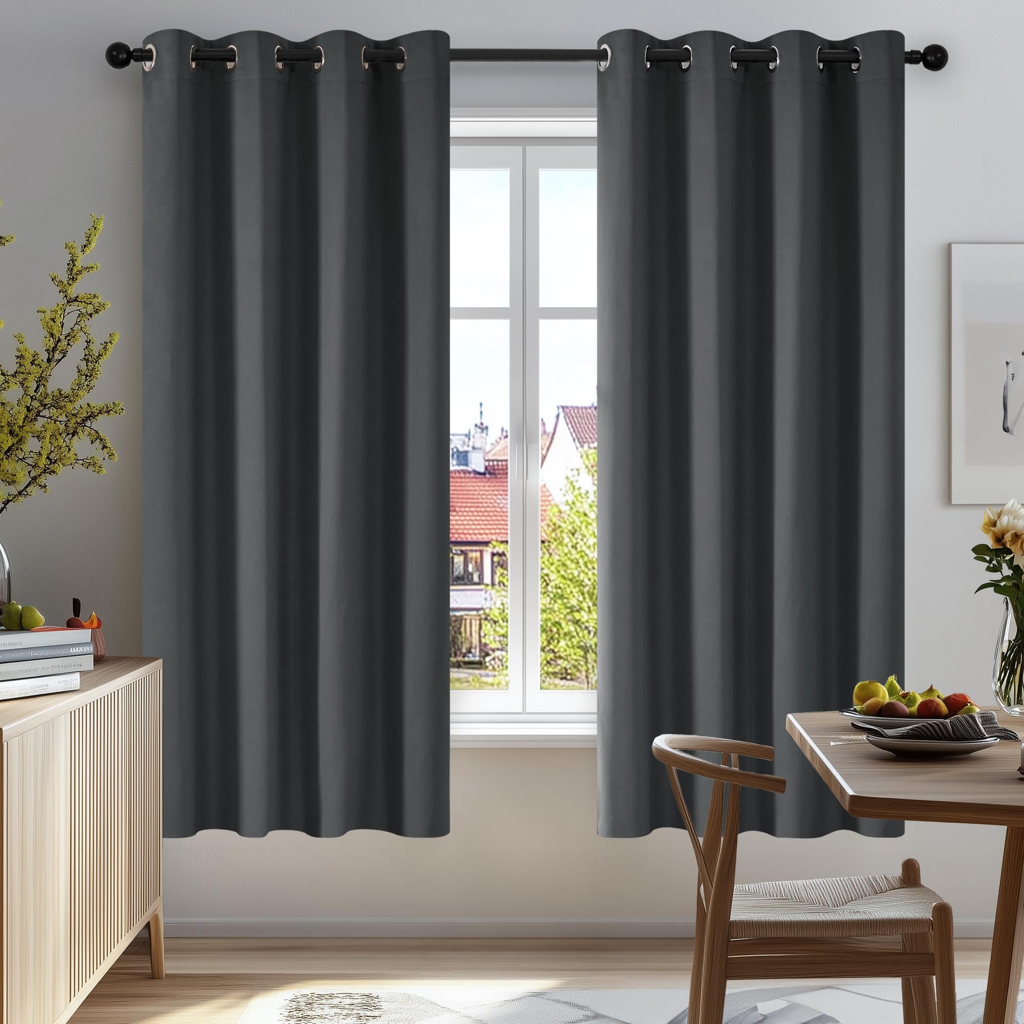 Deconovo Dark Grey Solid Curtains Window Treatment Room Darkening Blackout Curtains Thermal Insulated Eyelet Curtains For Bedroom 52"X 54" 1 Pair
