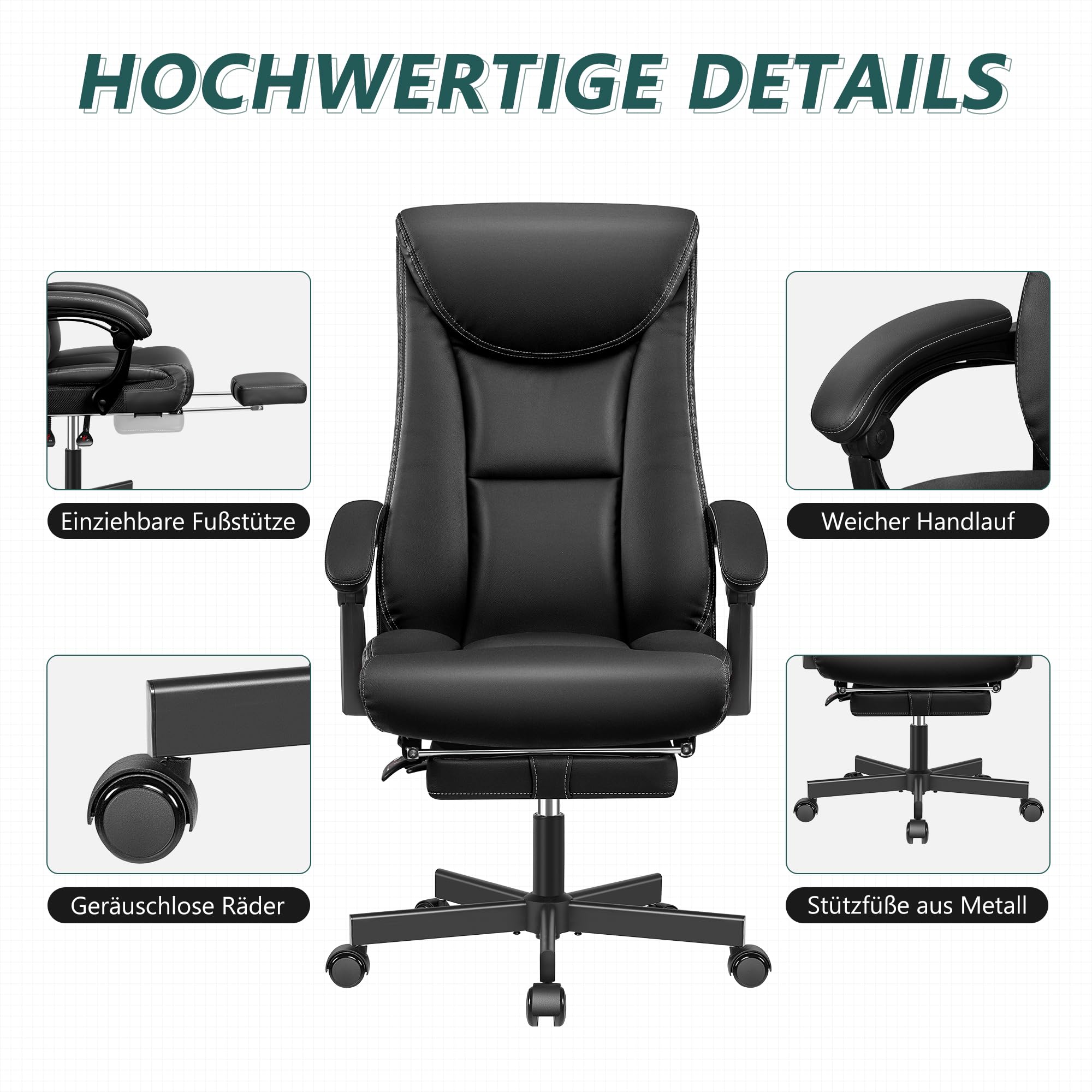 Chefsessel Breiter Bürostuhl ergonomischer Schreibtischstuhl hohe Rückenlehne 150KG mit Fußstütze Office Chair aus PU-Leder, Schwarz