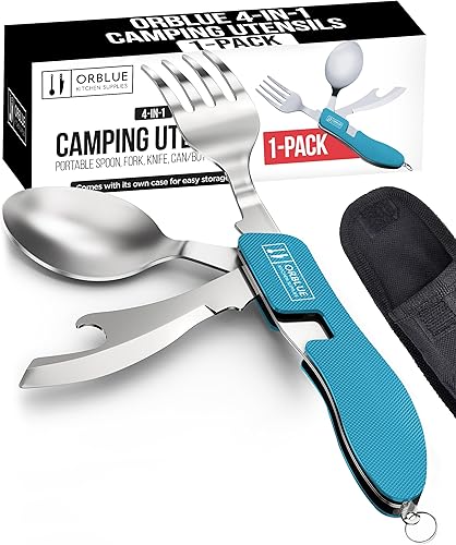 Miniatura 16 de Orblue Juego de cubiertos de camping 4 en 1, paquete de 2 - Juego de cuchara, tenedor, cuchillo y abridor de botellas portátil - Cubiertos de acero