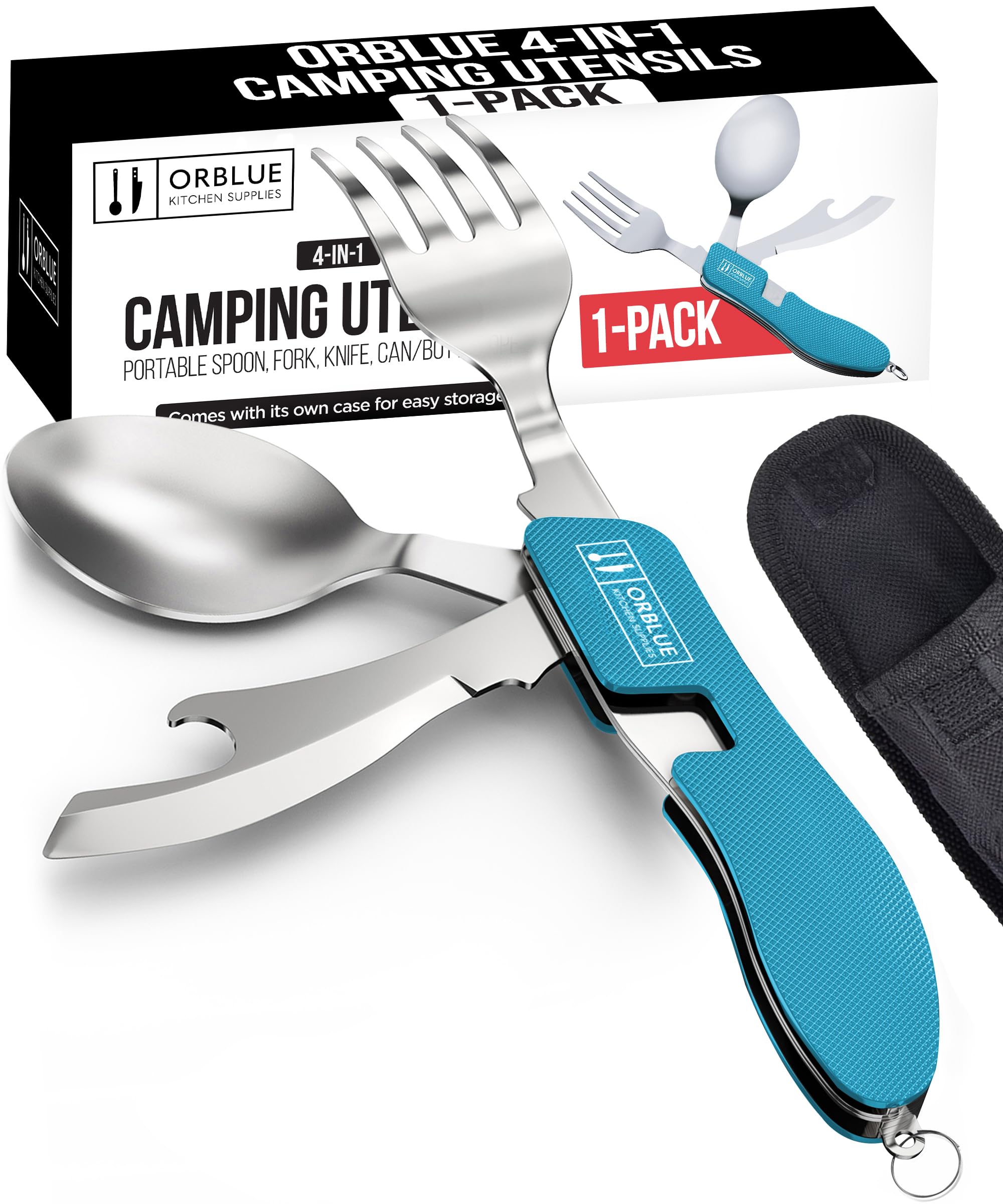 Orblue 4-in-1 Camping Utensils, 2-Pack, Portable Stainless Steel Spoon, Fork, Knife & Bottle Opener Combo Set - Travel, Backpacking Cutlery Multitool (Blue 1-Pack)