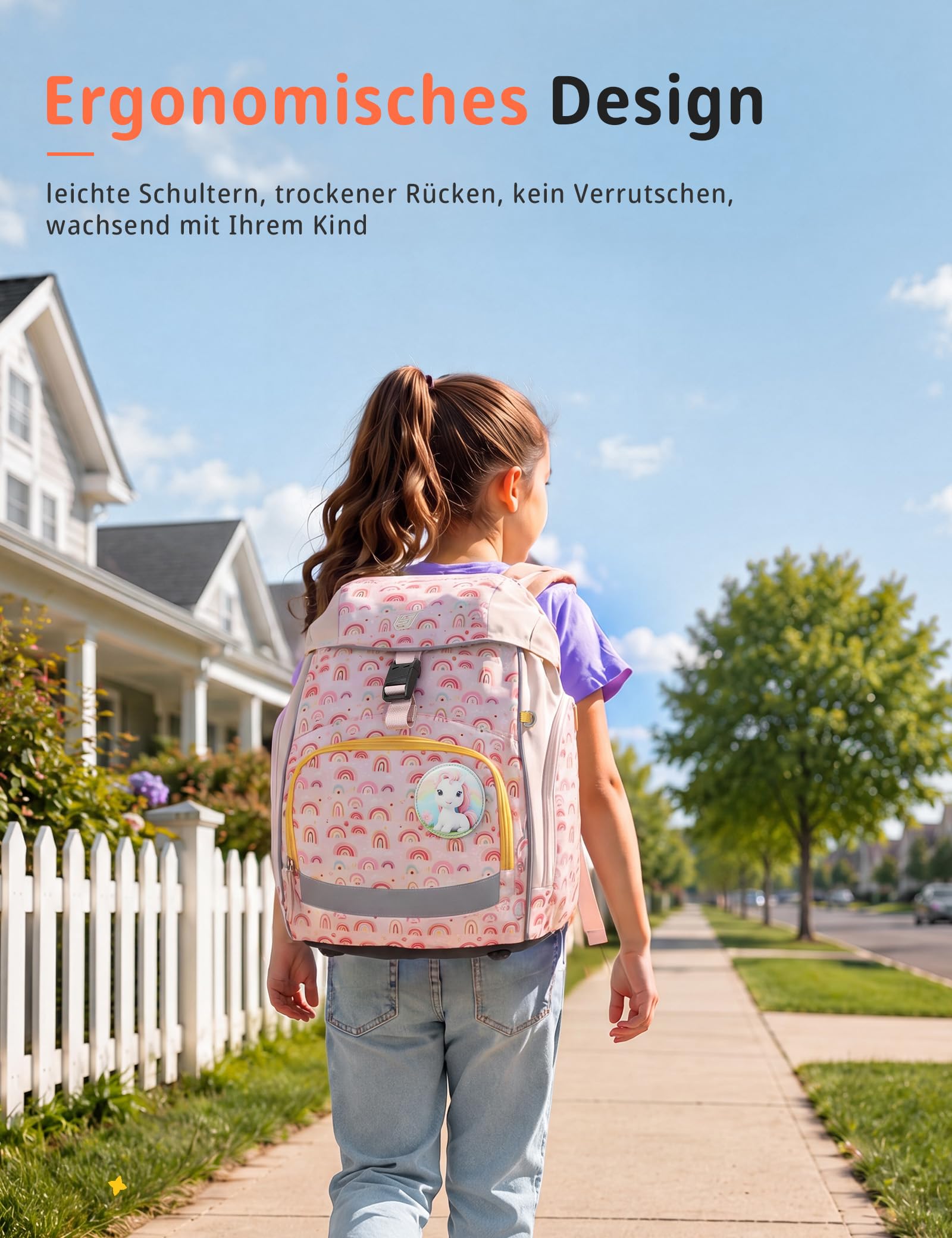 SKYSPER Set Zaino Ergonomico per Bambini 5 Pezzi Set per la Scuola Zaino con copripioggia e strisce riflettenti Prima Elementare Viaggio Scuola Sport Attività all'Aperto