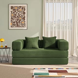 YINIX Foldable Sofa Bed, 62'' Folding Floor Couch, Compressed Convertable Sleeper Sofa, Memory Foam Couch with Pillow Back Support Armrest, 4-in-1 Futon Sofa Bed for Living Room, Green - Amazon product rated Grade A