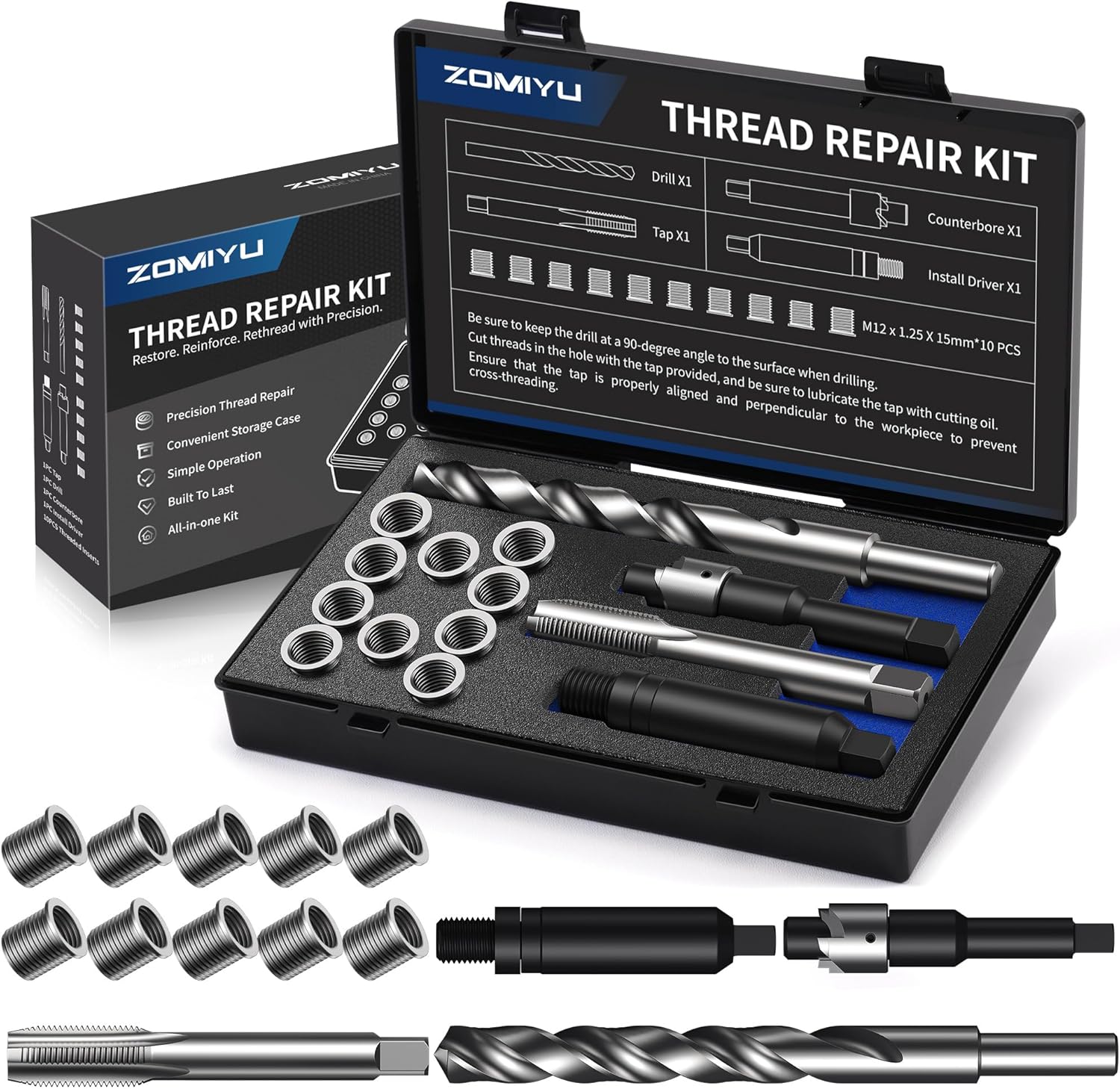 M12x1.25 Metric Thread Repair Kit, with HSS Drill, HSS Tap, Counterbore, Installation Driver, M12x1.25MM 10 pcs 304 Stainless Steel Inserts (15mm Length)