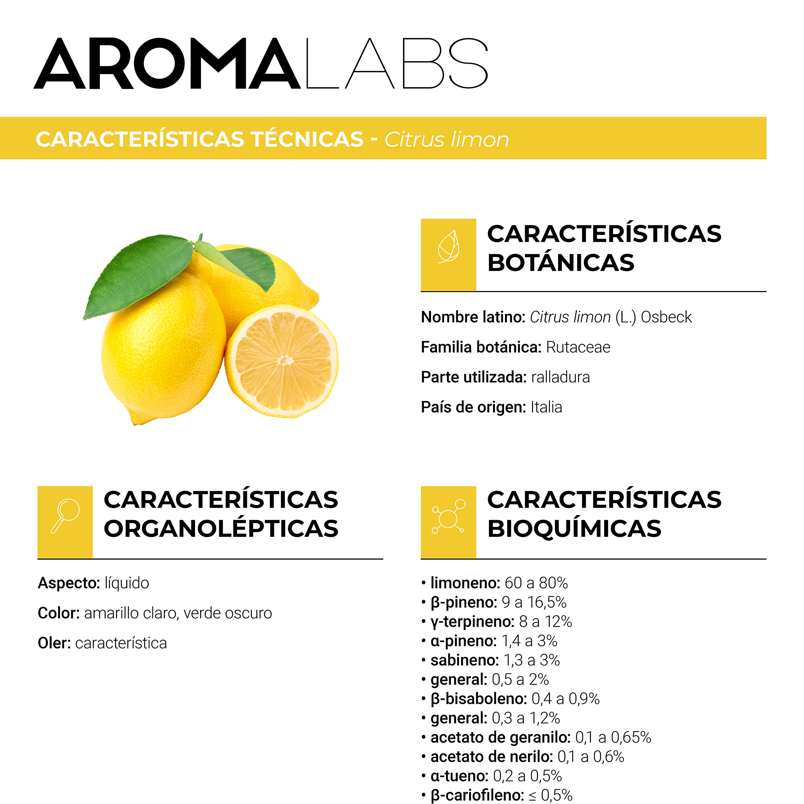 Limón BIO (Citrus limon) - 10 mL - Aceite Esencial Quimiotipado y Certificado AB - Aroma Labs