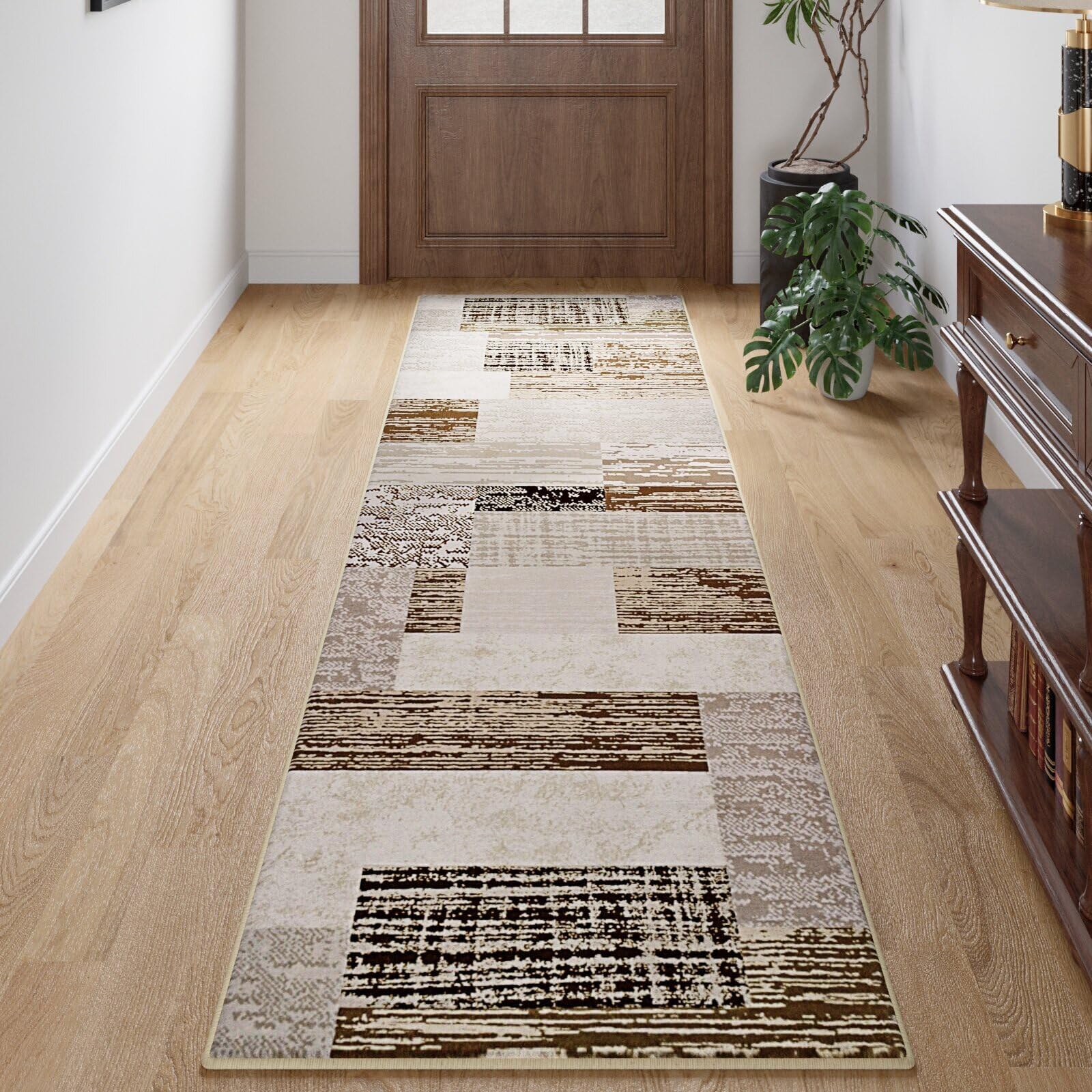 FlyDOIT Modern Geometric Patchwork Area Rug, 2x6 Beige Runner Rugs for Living Room, Rockwood Collection Indoor Rugs for Bedroom, Throw Carpet Floor