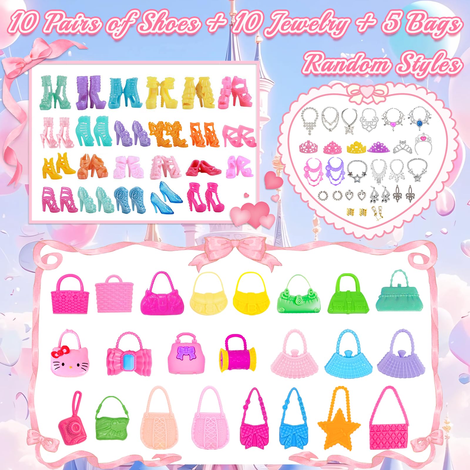 44 sztuki ubranek i akcesoriów dla lalek: 2 eleganckie sukienki, 2 suknie wieczorowe, 2 stroje (top + spodnie), 10 sukienek mini, 3 bikini, 10 par butów i 15 akcesoriów dla lalki 11,5-calowej.