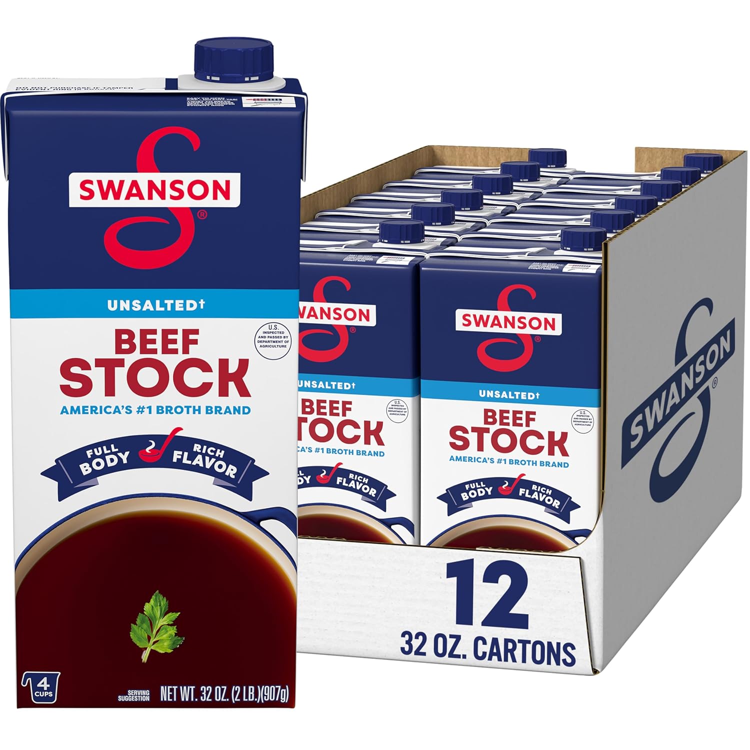 Swanson Unsalted 100% Natural Beef Stock, 32oz Cartons (Pack of 12) - Fat-Free, Gluten-Free, No MSG Added