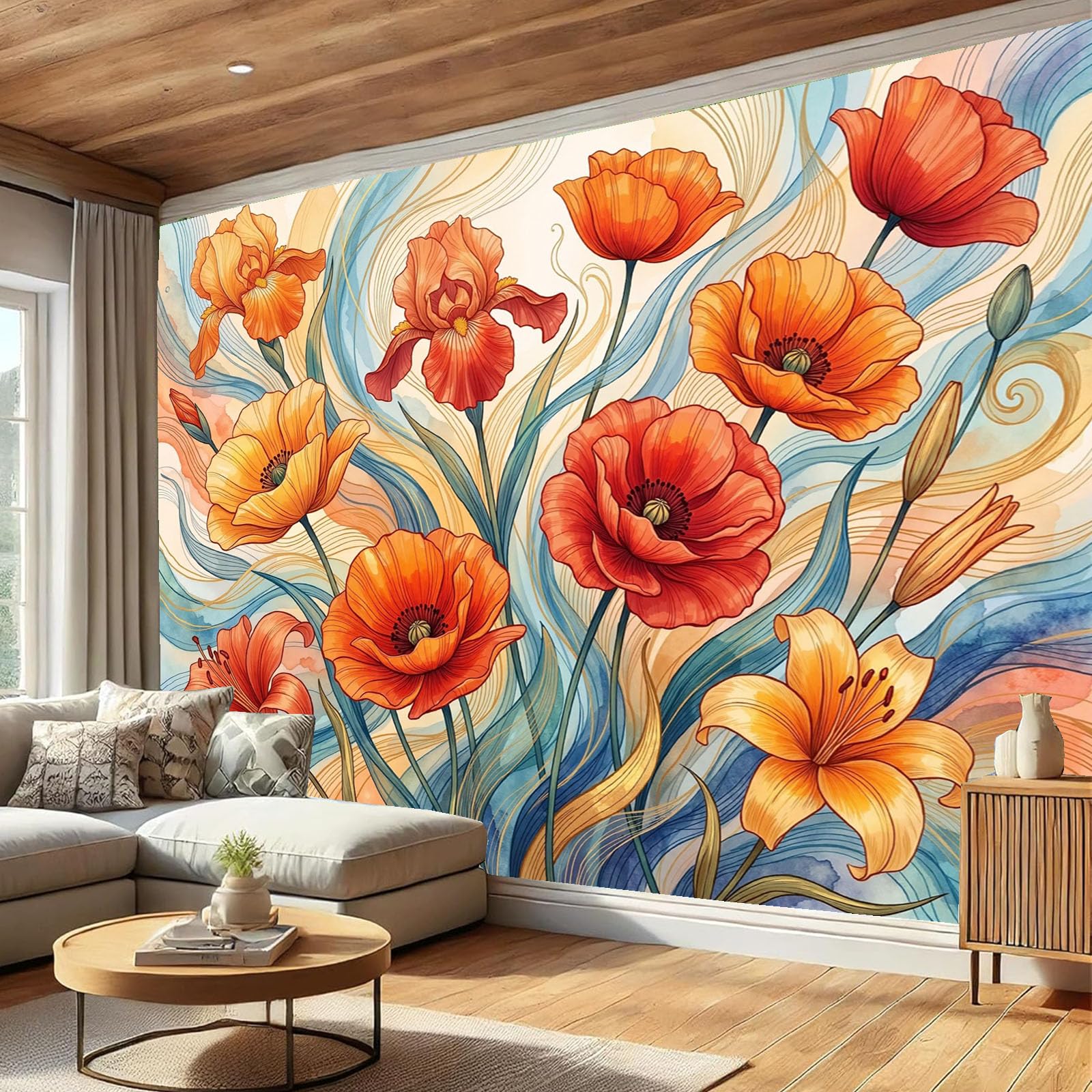 Carta da parati fotografica Fiori boemi Murale stile Linee astratte di fiori di papavero | 300x210cm (LxA) Poster grande per soggiorno camera da letto sfondo TV parete decorazione casa