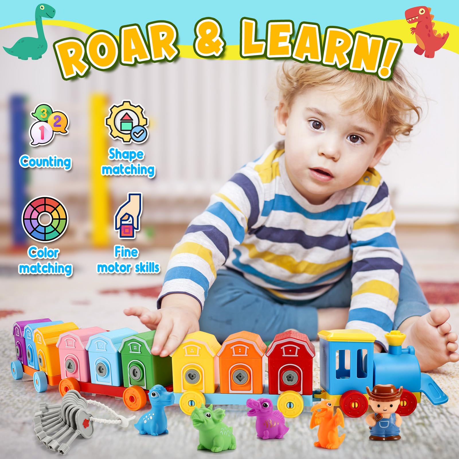 Dinosaur Train Matching Toys with Locks & Keys| Montessori Preschool Learning Toy for Toddler Kids 2 3 4 5 Year Old Boys Gifts| Counting & Sorting Dino Trains Set, Boy Girl Birthday Gift Ages 2-4 3-5