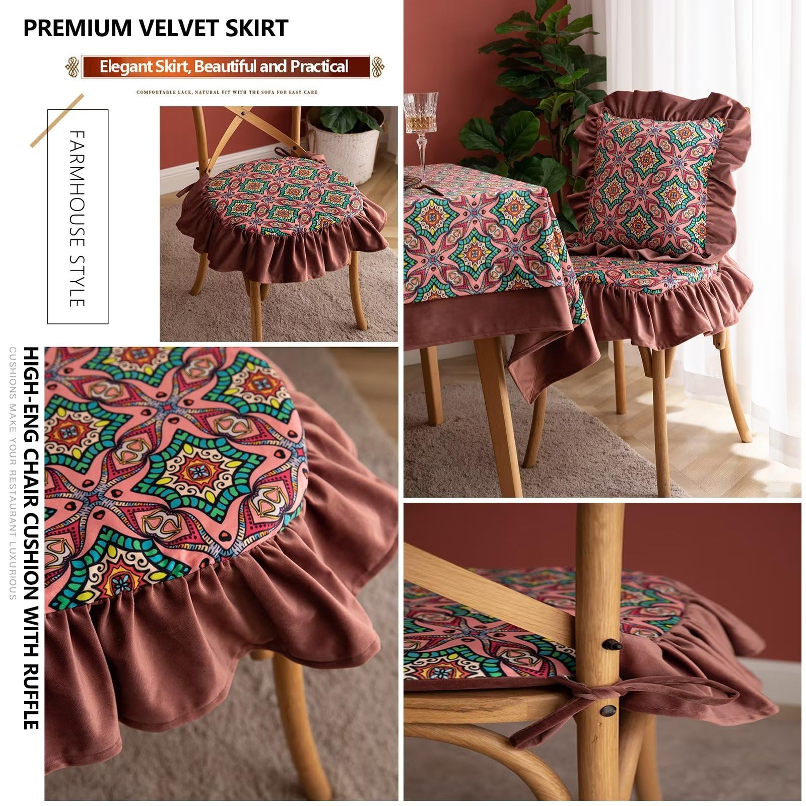 Cojines para sillas de comedor con faldón, almohadillas para sillas de comedor, paquete de 6 con lazos, cojín de asiento de 45 x 45 para sillas de cocina, funda lavable y extraíble, color morado