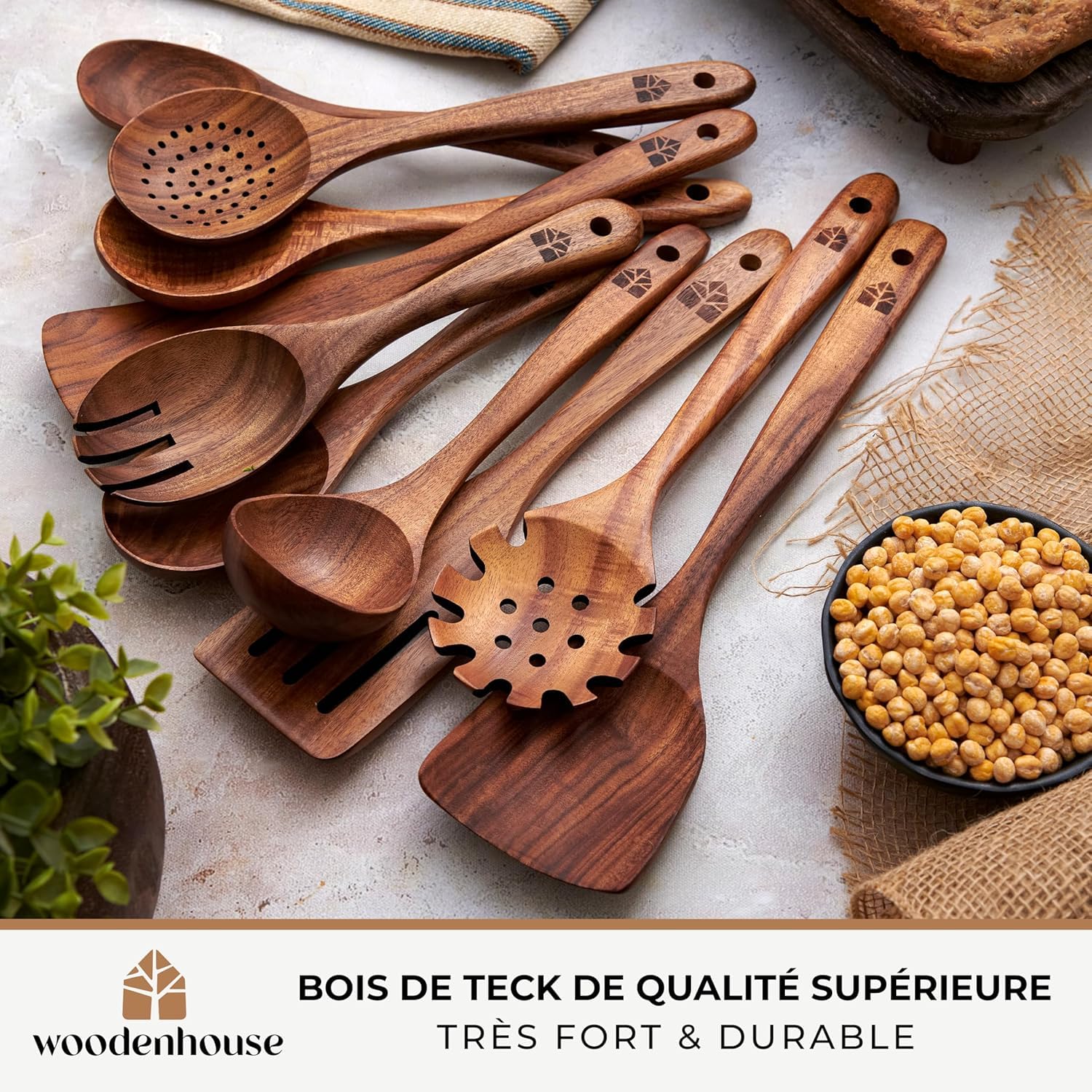 Ustensiles de cuisine bois - Ensemble premium en teck de 10 pièces avec cuillère en bois et spatule cuisine - facile à nettoyer - Léger, résistant à la chaleur, durable et anti-rayures