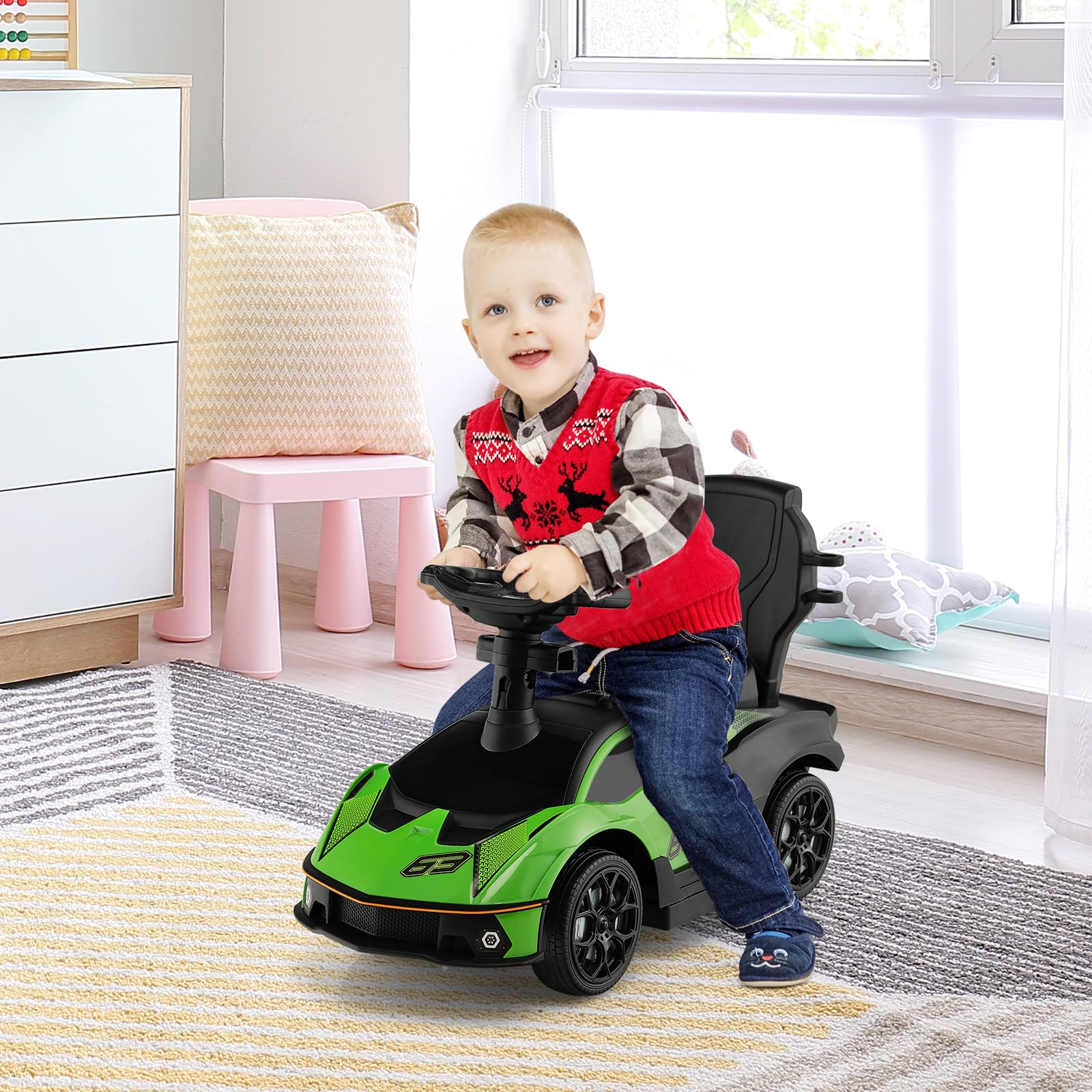 COSTWAY Rutschauto Lamborghini, Rutschfahrzeug mit Schiebstange & Stauraum, Schiebeauto mit Lenkrad & Hupe & Motorsound, 3-in-1 Rutscher Auto für Kinder ab 1 Jahr (Grün)