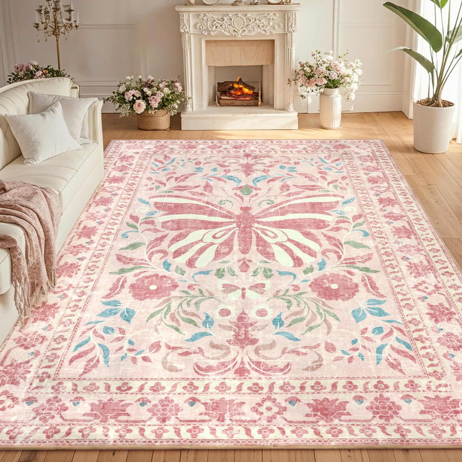 TUKDAK Vintage Teppich Wohnzimmer, Waschbarer Teppich Schlafzimmer, Boho Kurzflor Esszimmer Teppich Läufer Flur, Weich rutschfest Waschbar Kinder Teppiche für Küche Kinderzimmer