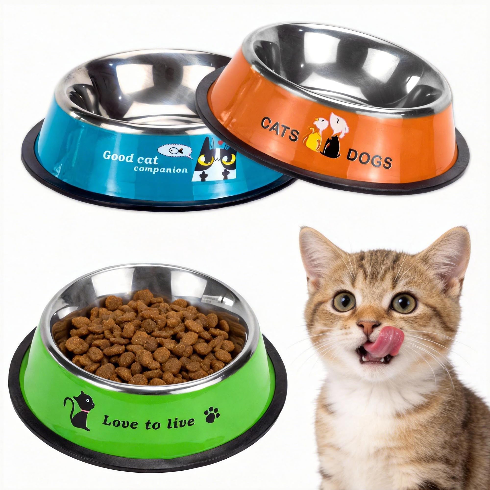 Ousiya 3 Pack Cat Bowls, Stainless Steel Non-Spill Cats Food Bowls & Water Bowl for Cats & Puppies (Blue/Orange/Green)