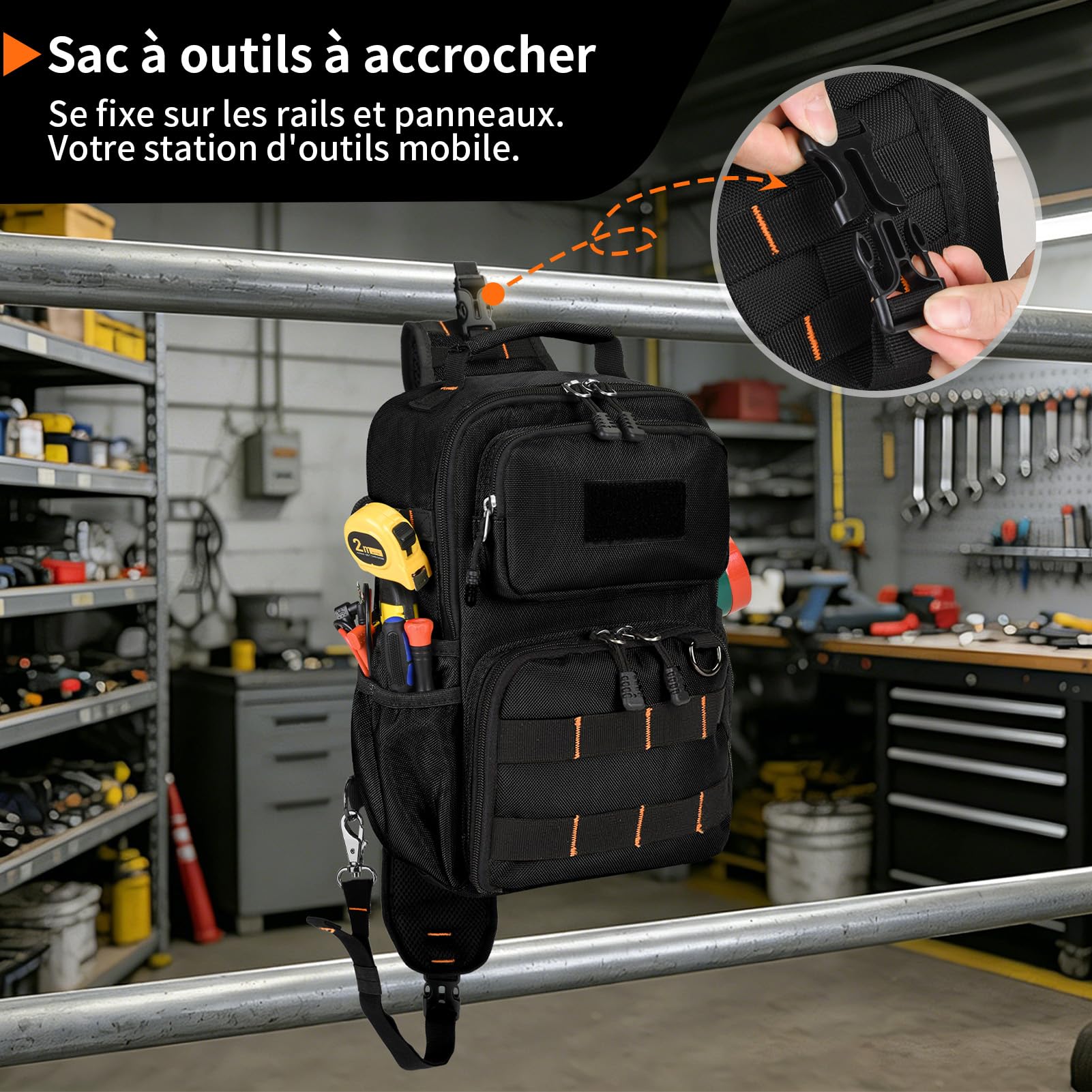 Sac à outils de poitrine pour électricien avec sangle, Noir | Sac tactique HVAC, Oxford 1680D, résistant aux éclaboussures, 15 poches, MOLLE, Sangle réglable pour artisans & techniciens.