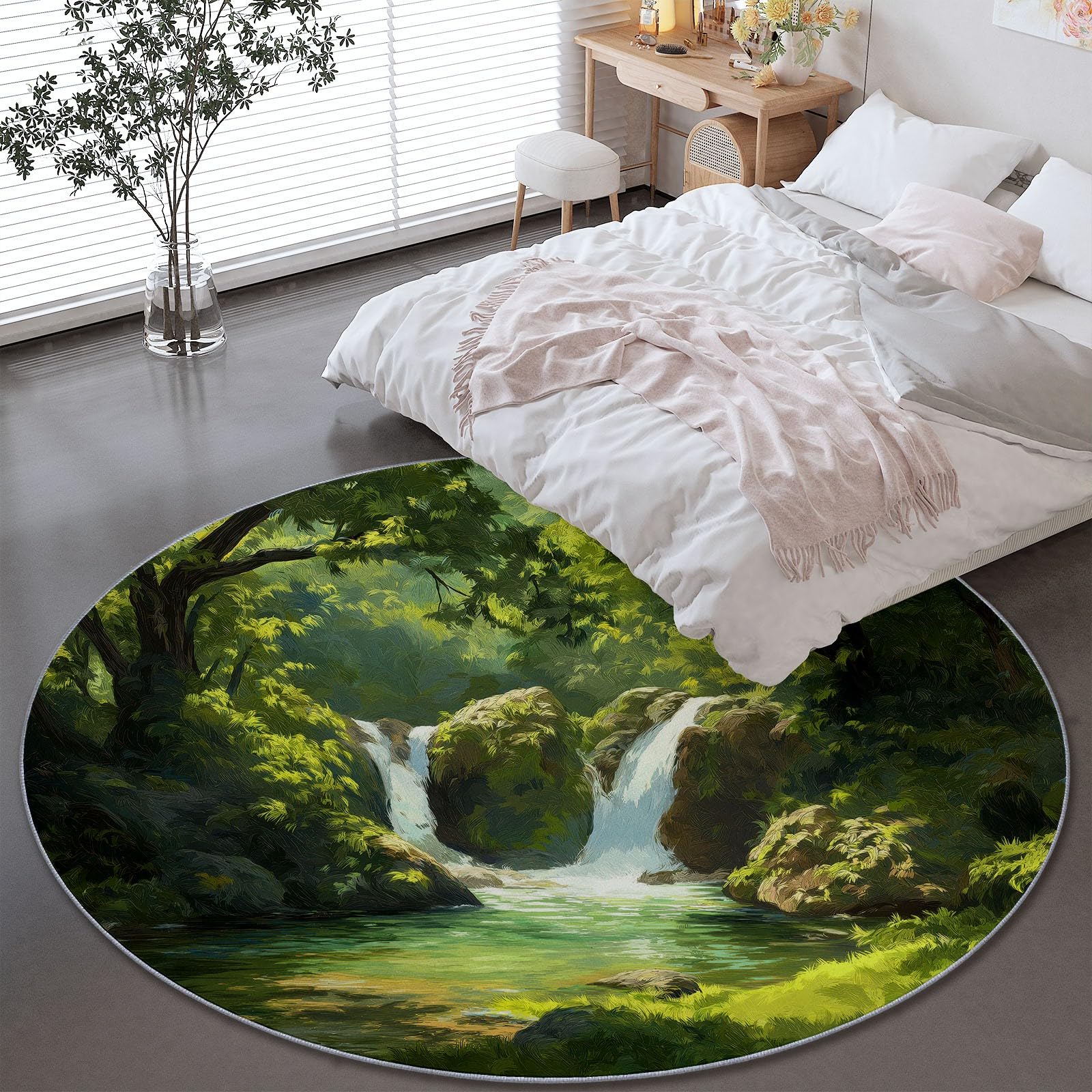 Générique Tapis Rond Forêt Naturelle Cascade 120 cm, Lavable en Machine pour Salon Antidérapant Imprimé pour Salle à Manger, Chambre d’Enfant Nurserie, Vert