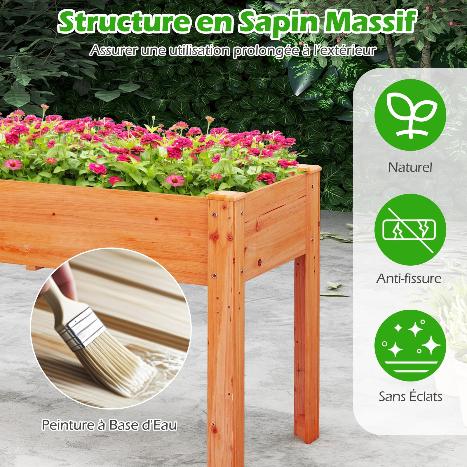 GOPLUS Carré Potager sur Pieds en Bois de Sapin, Jardinière Surélevée Extérieure avec Trou de Drainage, pour Fleurs, Légumes et Fruits, 120,5x60,5x81,5CM (Orange)