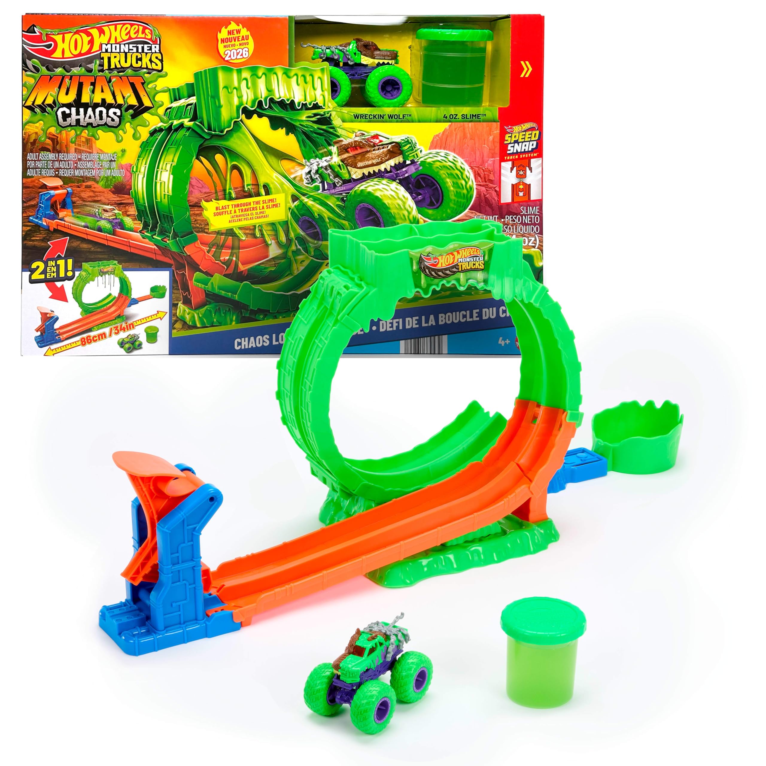 Hot Wheels Monster Trucks Toy Playset, Mutant Chaos, Loop Challenge Track Set with 1:64 Scale Wreckin’ Wolf, 4-Ounce Container of Slime, 2 Ways to Play, JMK91